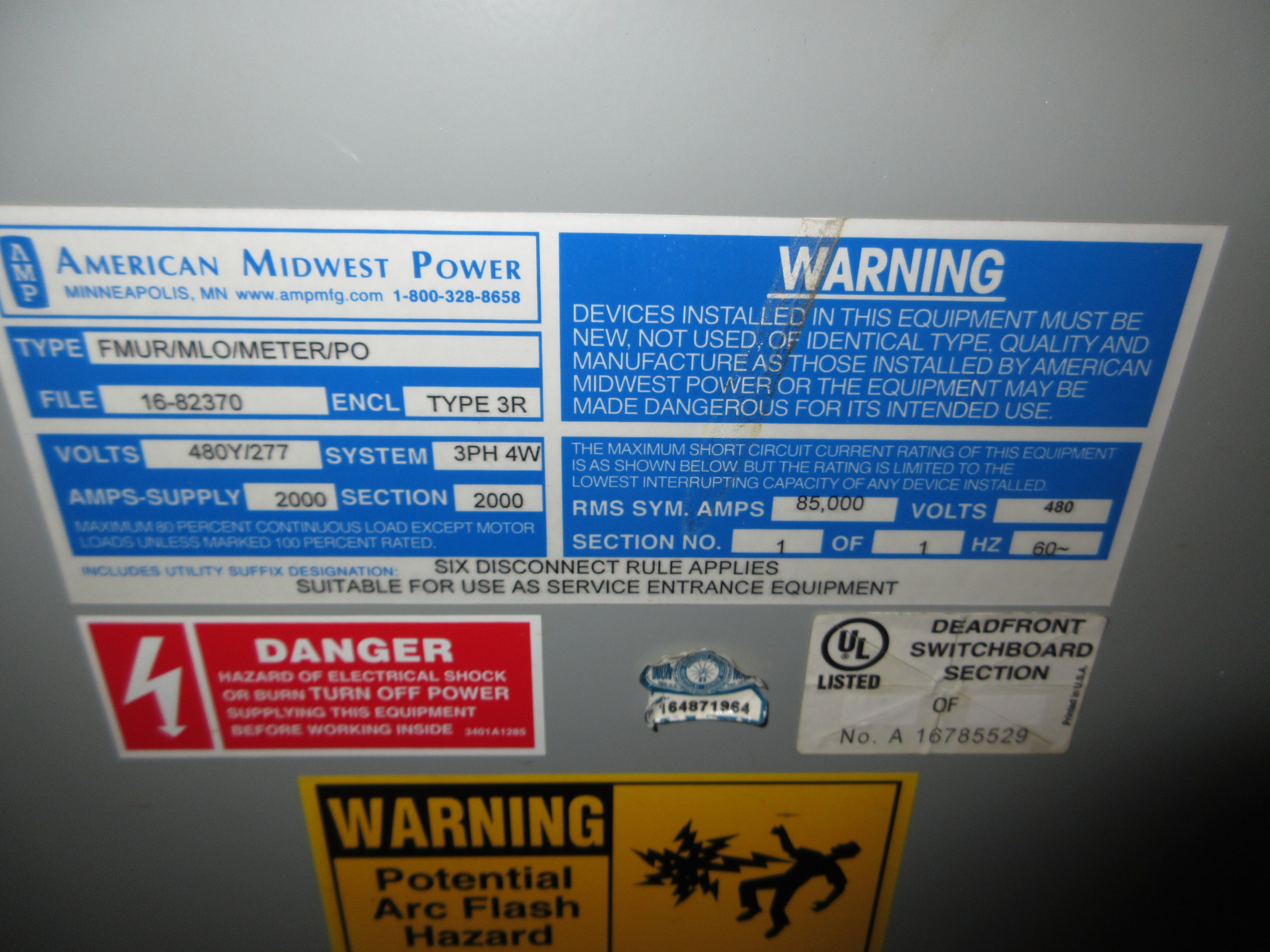 AMP 3R Commercial Meter Stack FMUR/MLO/METER/PO 2000A 480Y/277V 3Ph 4W Used