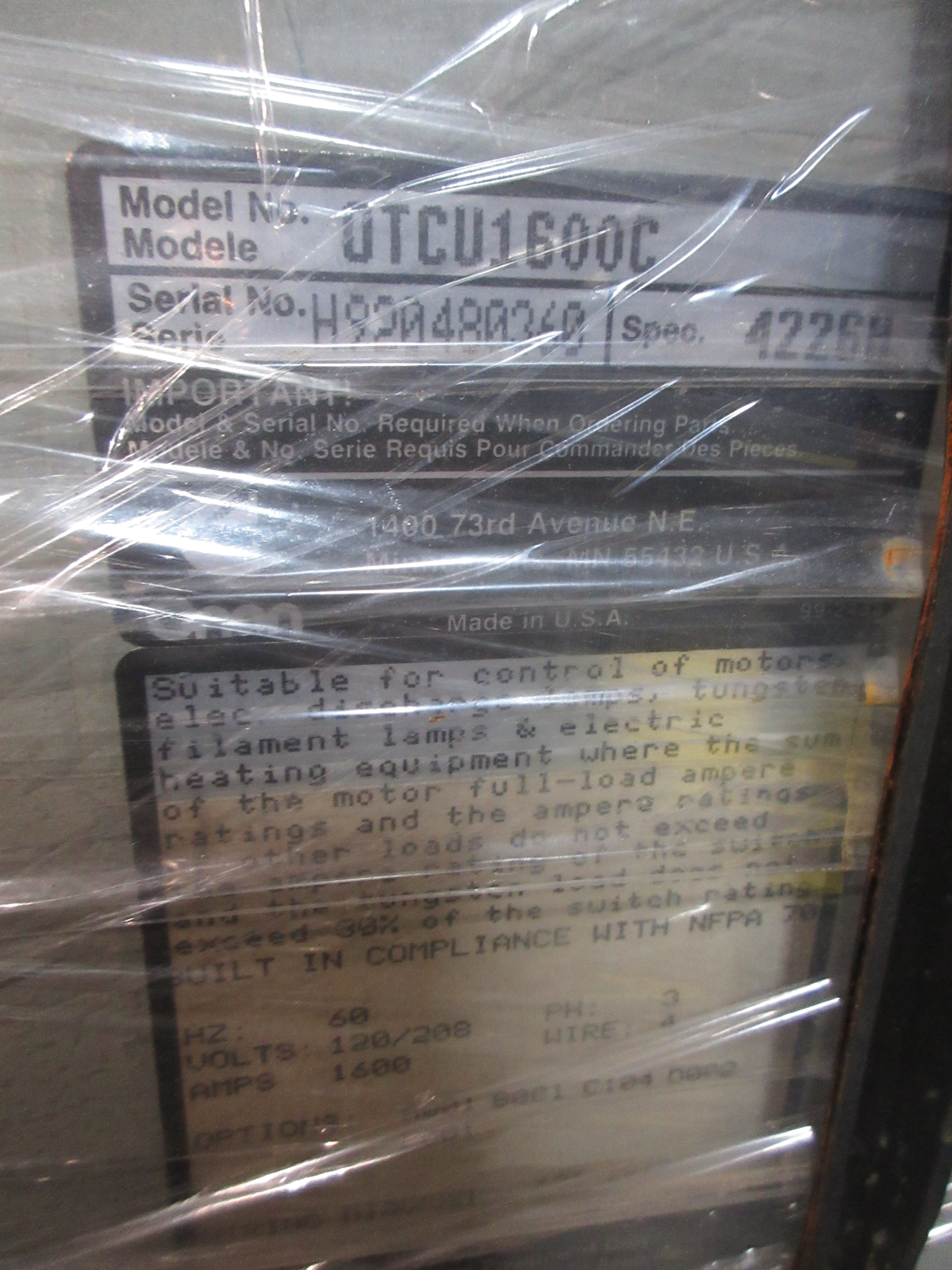 Cummins Onan Automatic Transfer Switch OTCU1600C 1600A 120/208V 60Hz 3Ph 4W Used