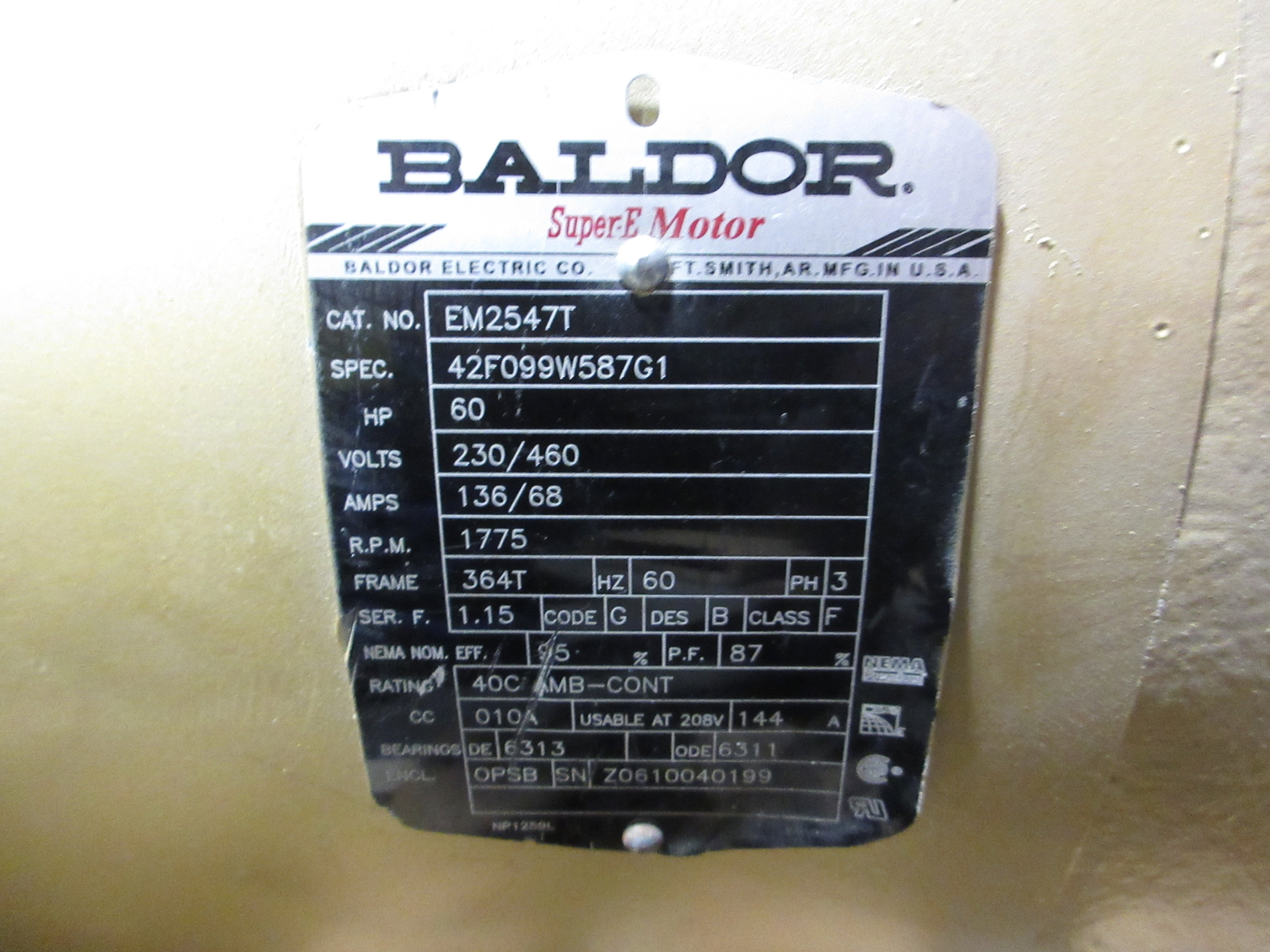 Baldor Motor EM2547T 60HP 1800RPM 230/460V 136/68A 3Ph 60Hz Frame: 364T Used