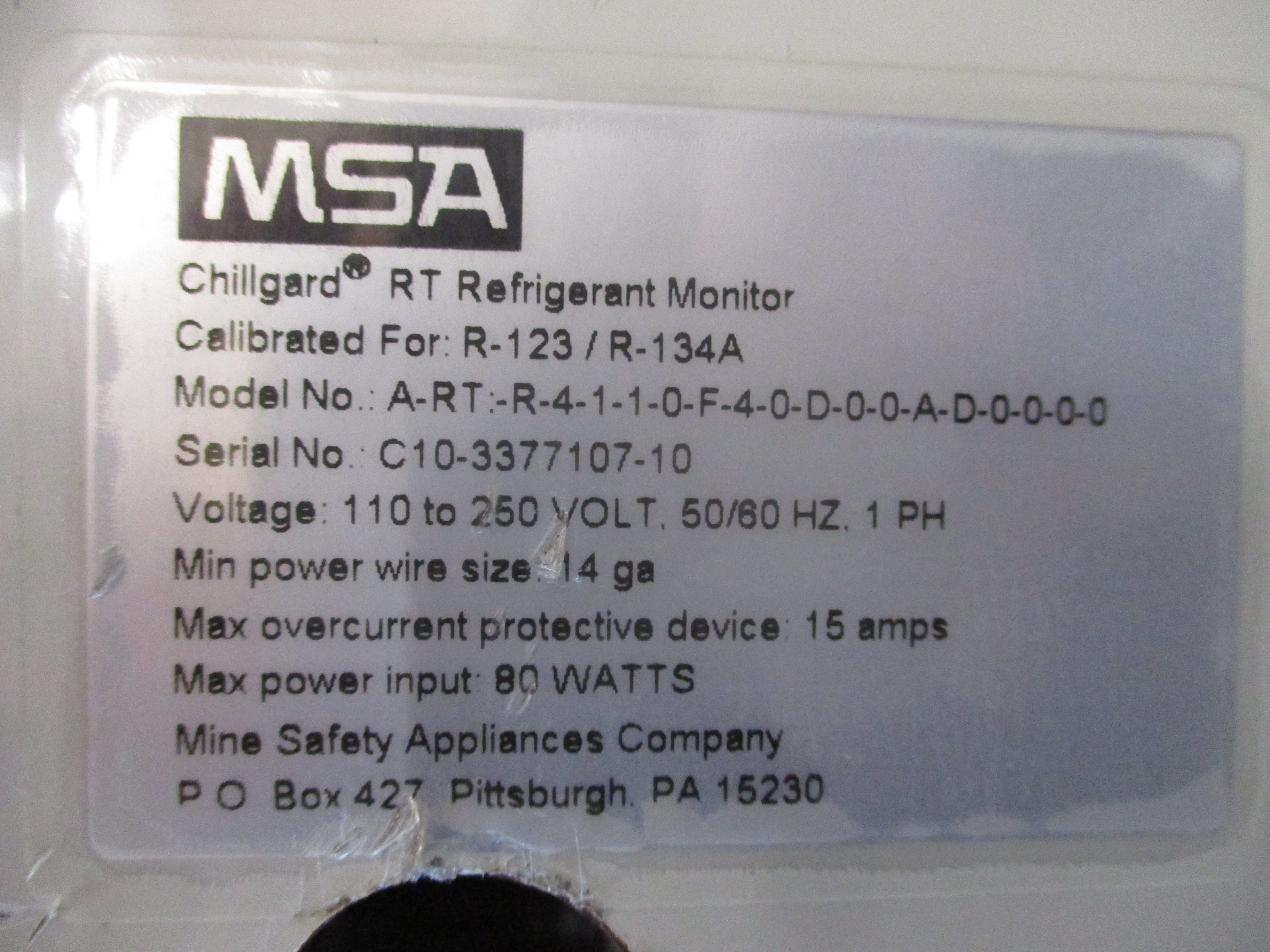 MSA Chillgard RT Refrigerant Monitor A-RT-R-4-1-1-0-F-4-0-D-0-0-A-D-0-0-0-0 110-250V 50/60Hz 1Ph Used