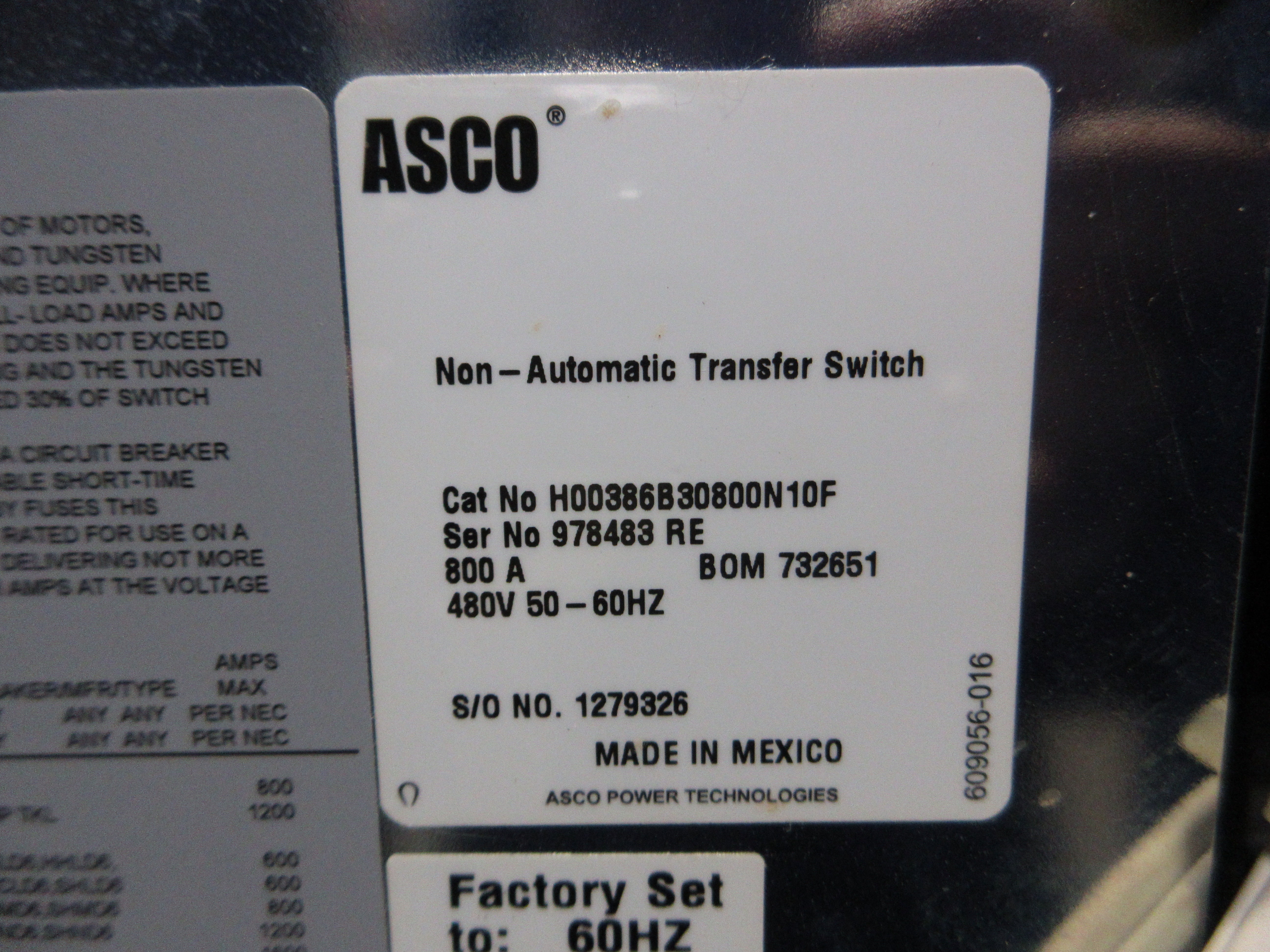 Asco Non-Automatic Transfer Switch H00386B30800N10F 800A 480V 3Ph Used