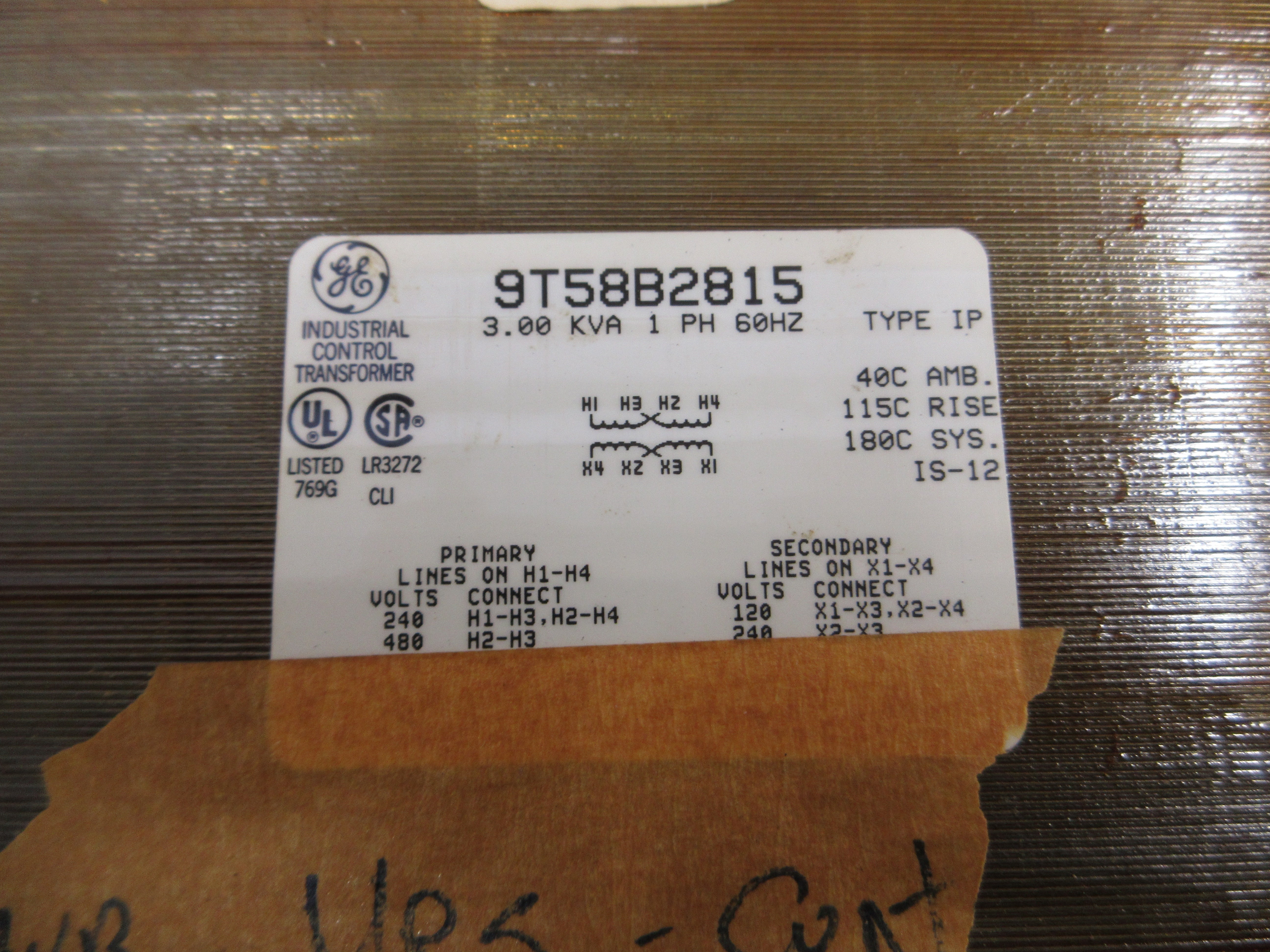 GE Control Transformer 9T58B2815 3kVA Pri: 240/480V Sec: 120/240V 1Ph 60Hz Used
