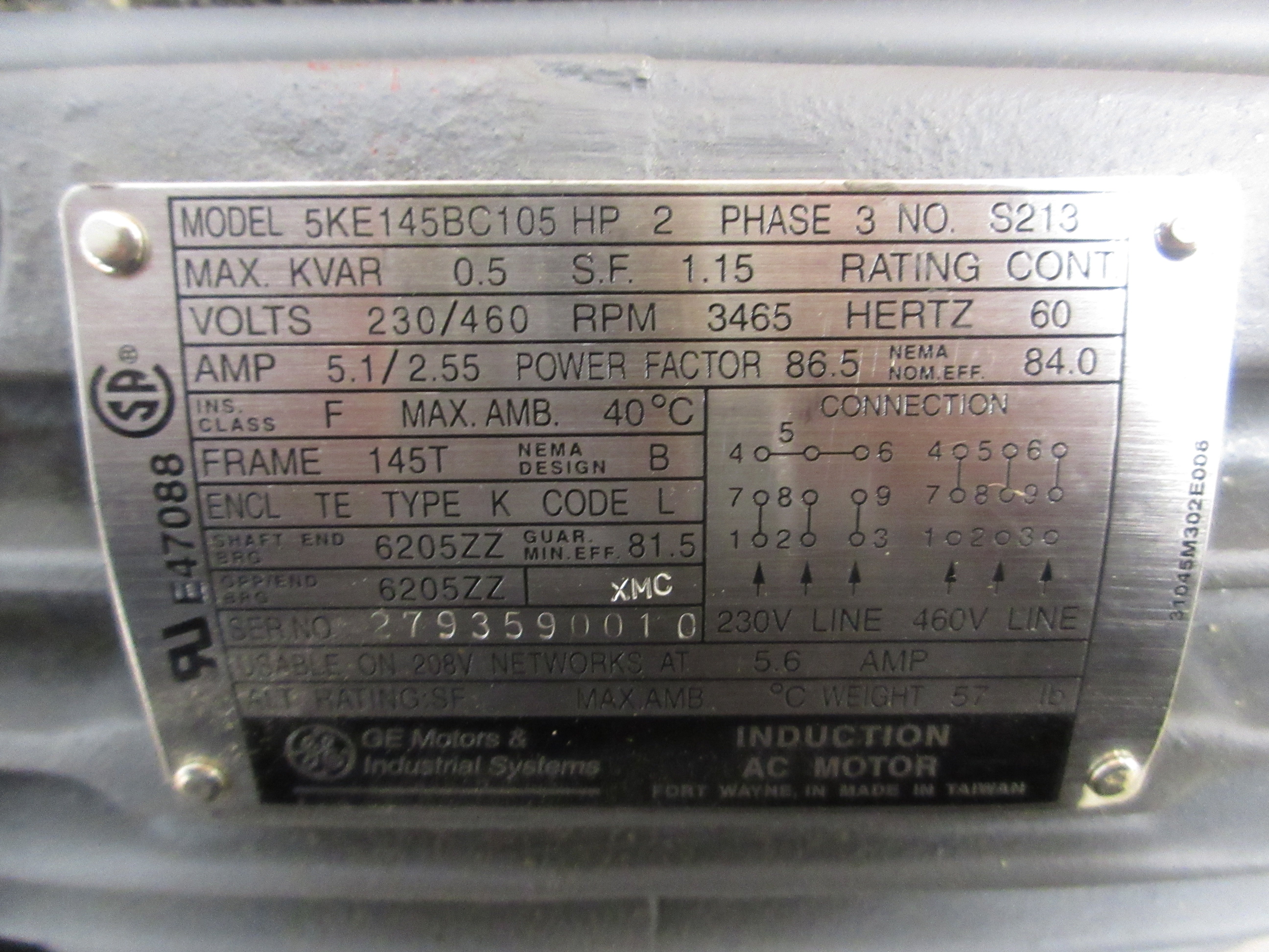 GE Induction AC Motor 5KE145BC105 2HP 3600RPM 230/460V 5.1/2.55A 3Ph 60Hz Used