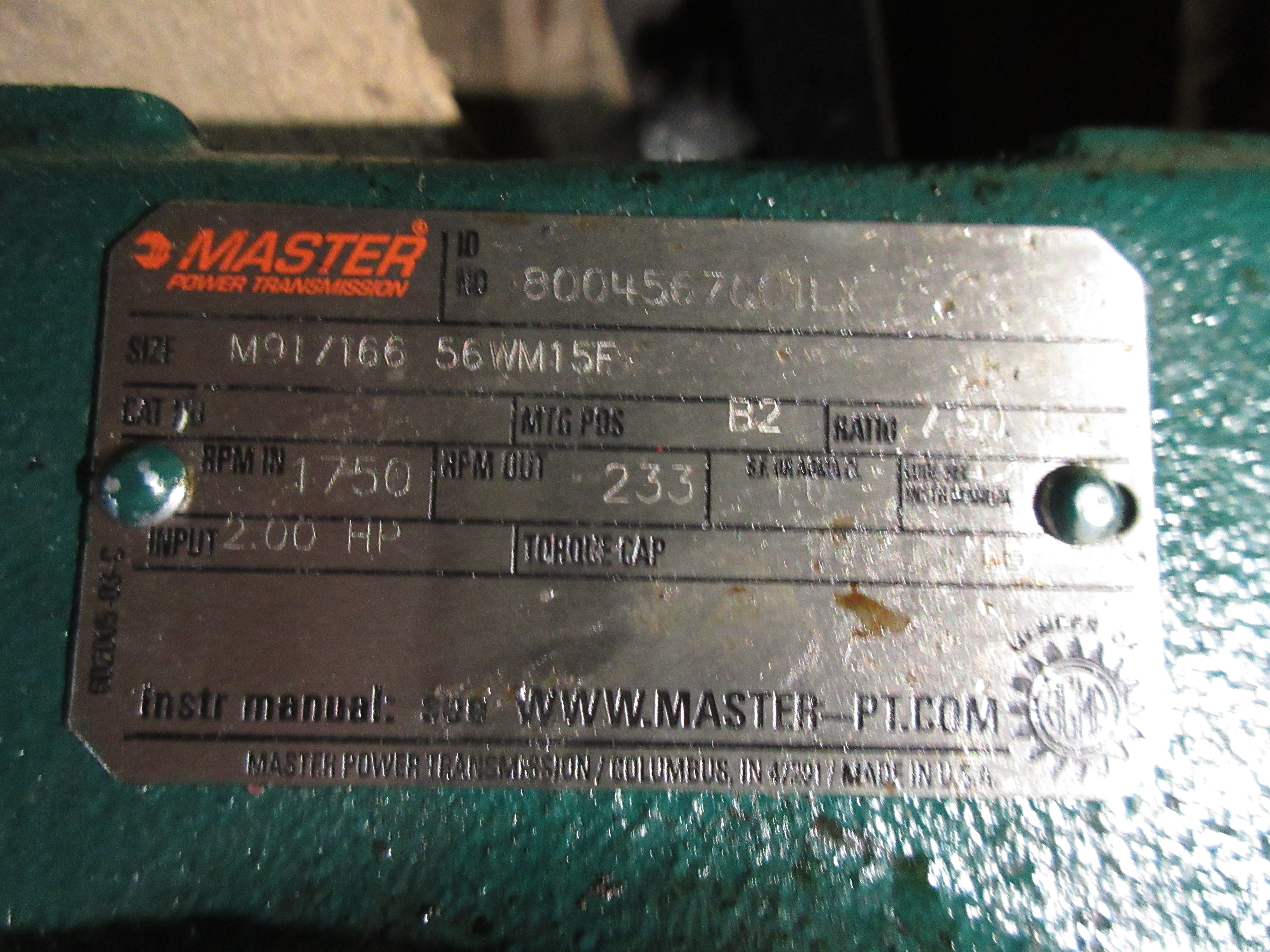 Master Power Transmission Gearmotor 8004567001LX 2HP 1800 RPM In Used