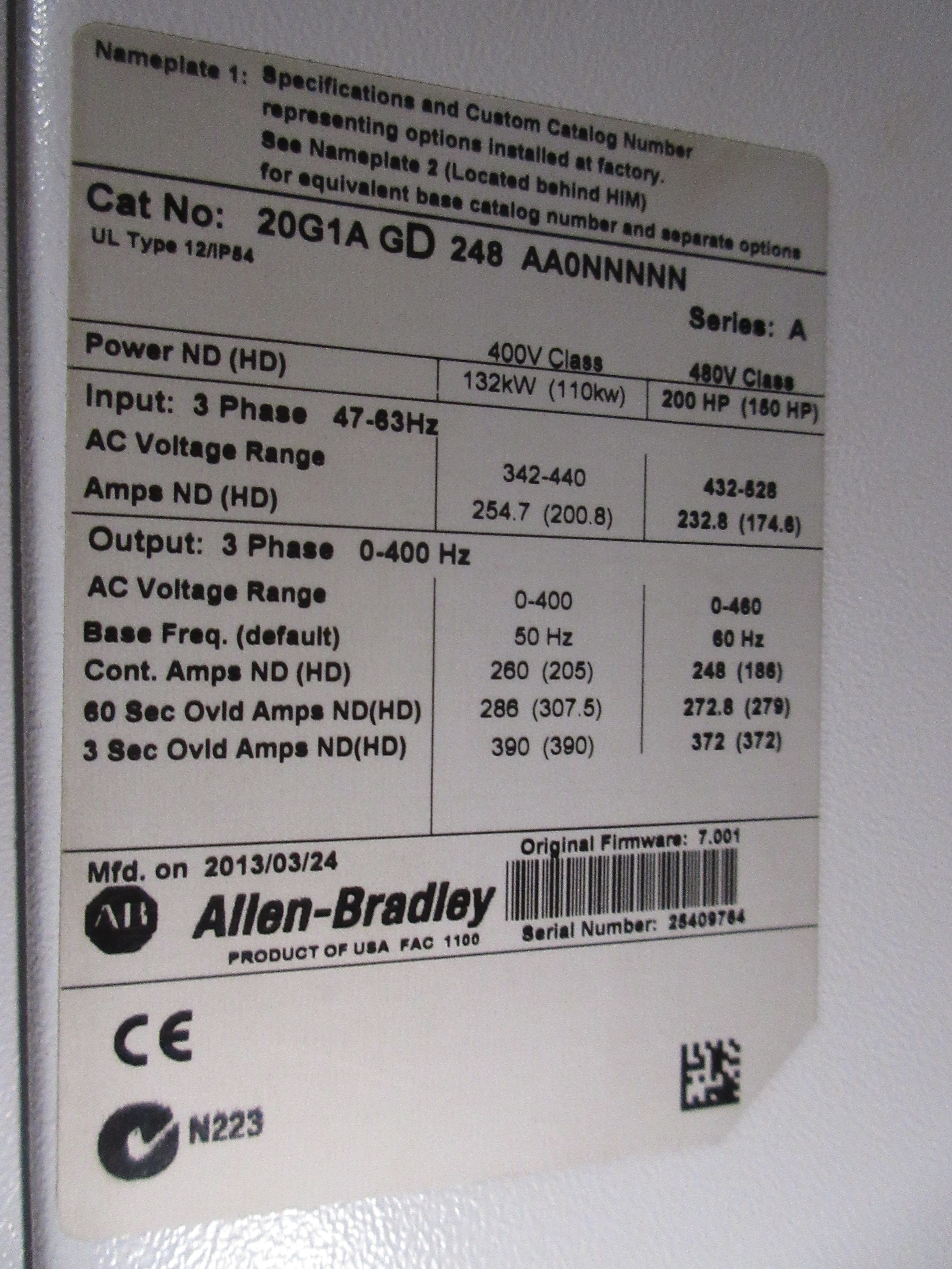 Allen-Bradley PowerFlex 755 AC Drive 20G1AGD248AA0NNNNN Ser. A 200HP 3Ph Used