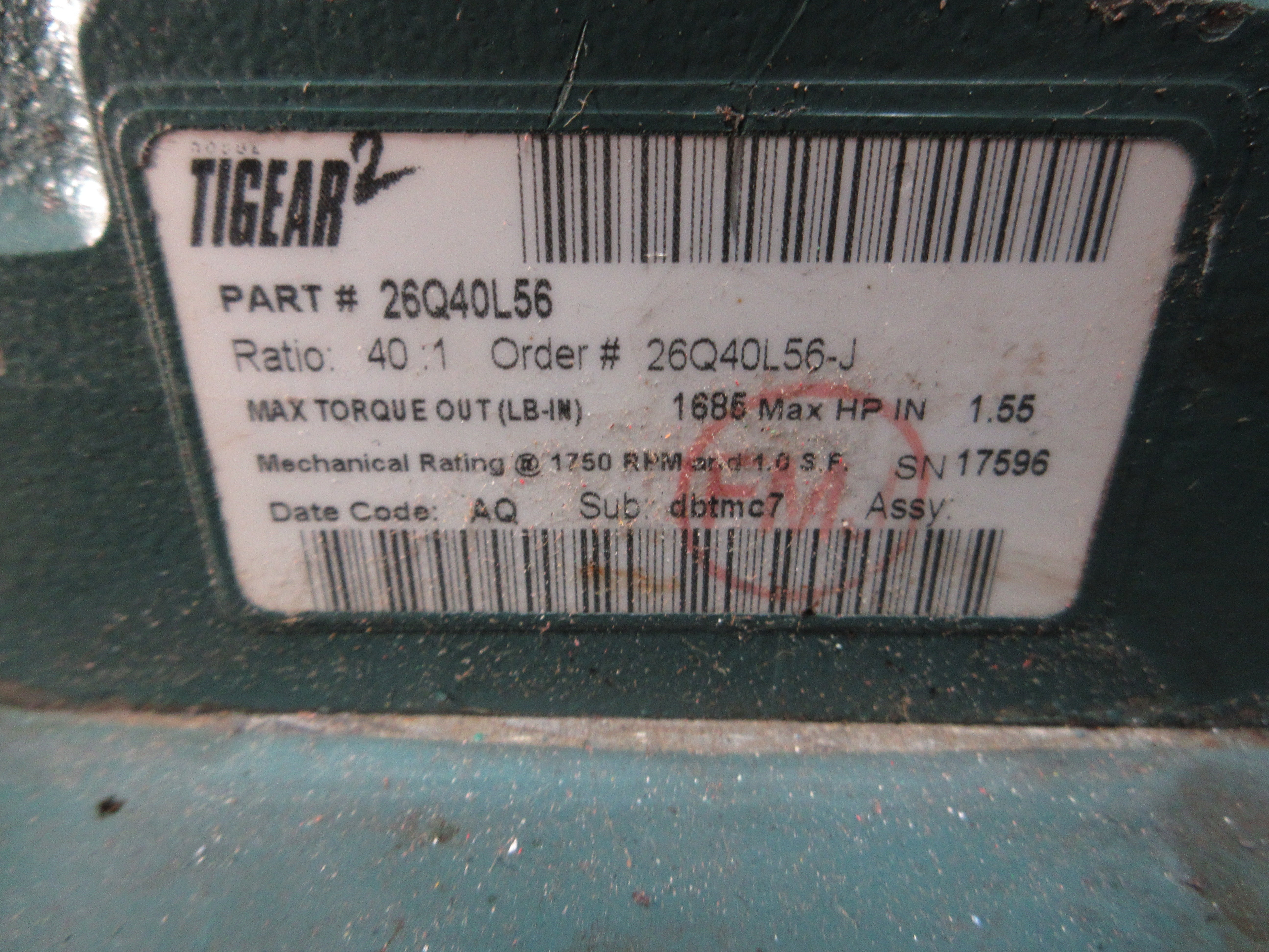 Dodge Tigear 2 Gearmotor 26Q40L56 1.55 HP In Ratio: 40:1 Used