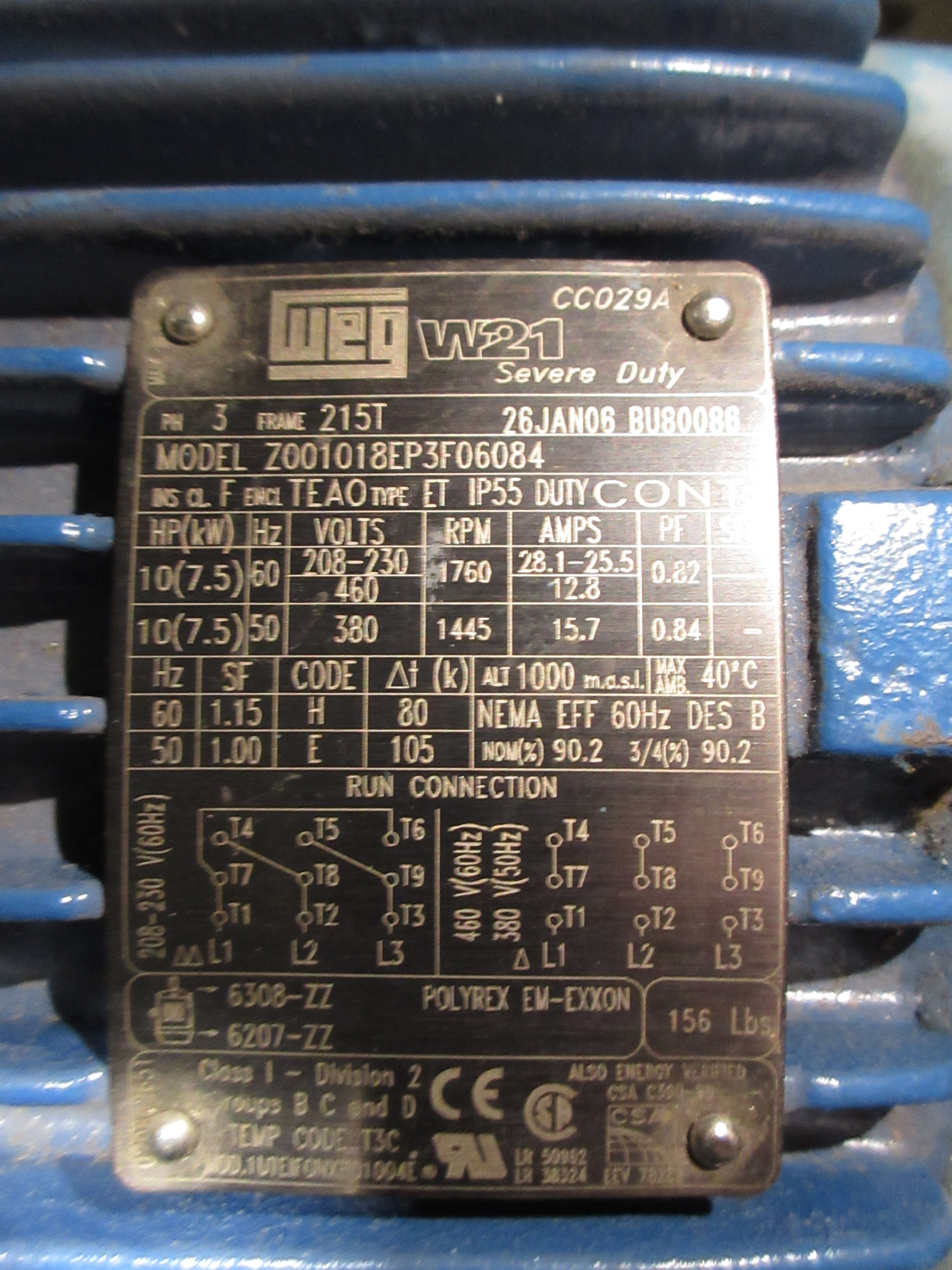 WEG Motor Z001018EP3F06084 10HP 1800RPM 208-230/460V 28.4-25.5/12.8A Used