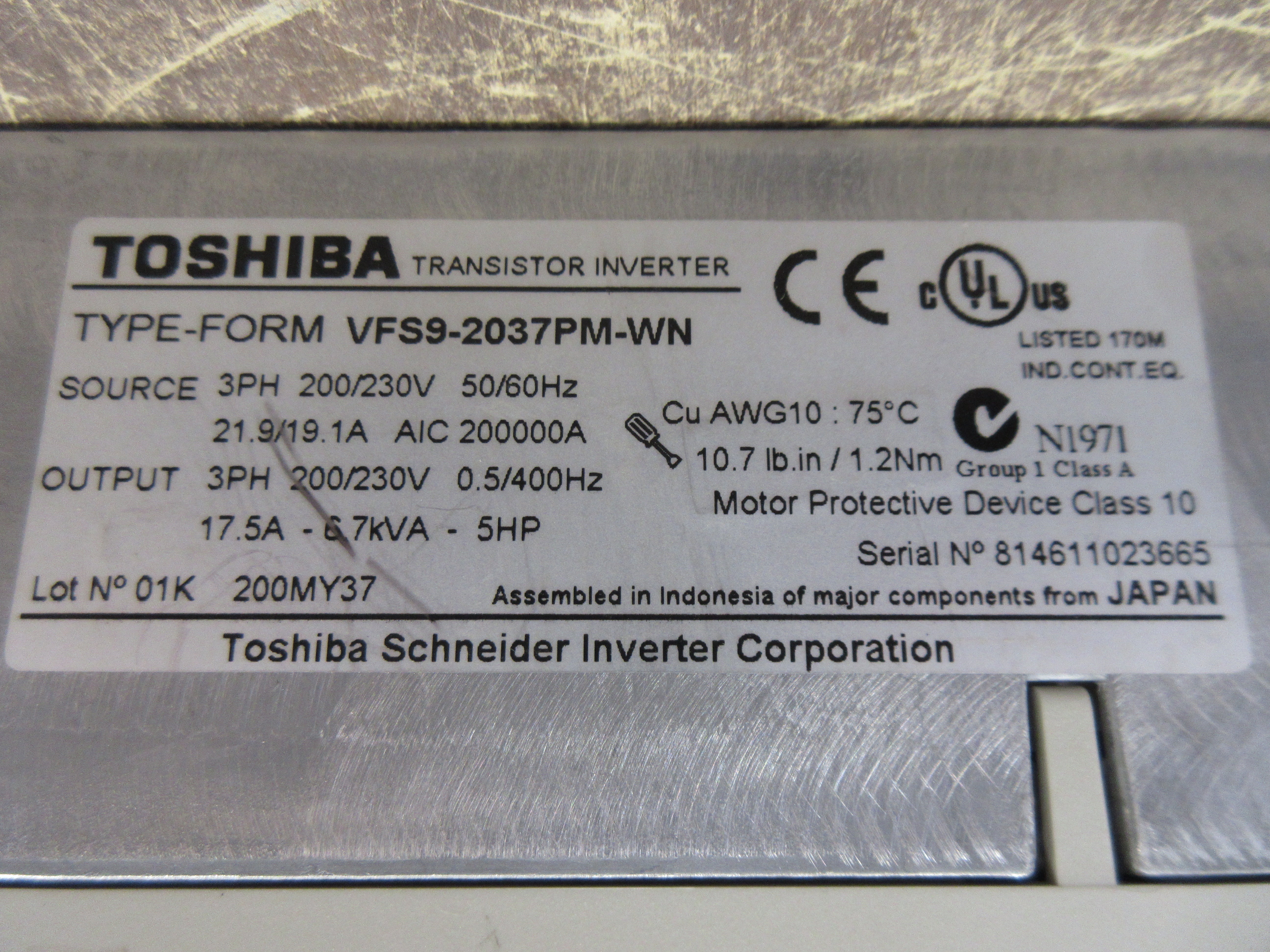 Toshiba AC Drive VFS9-2037PM-WN 5HP 3Ph Used