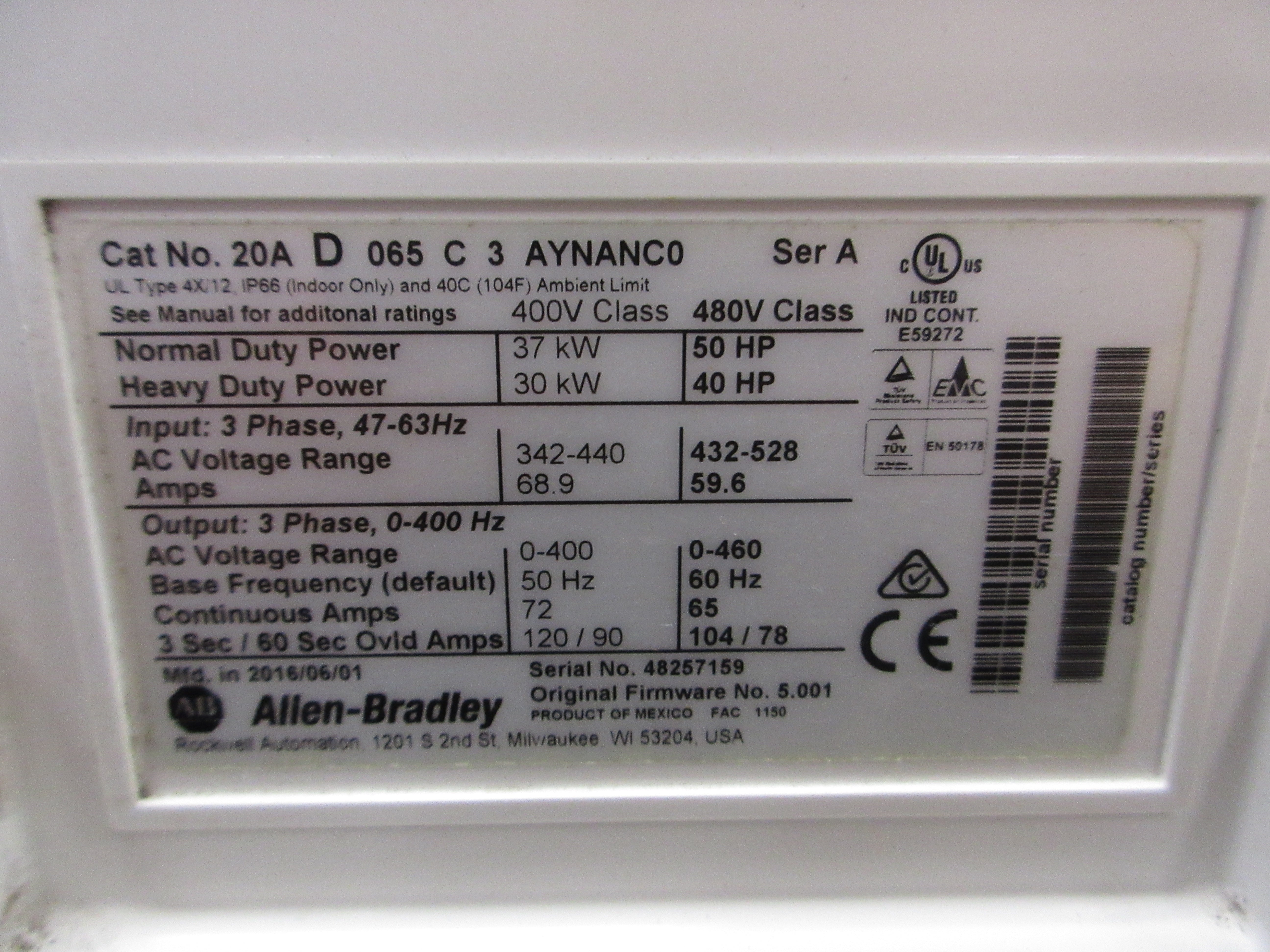 Allen-Bradley PowerFlex 70 AC Drive 20AD065C3AYNANC0 50HP 3Ph Used