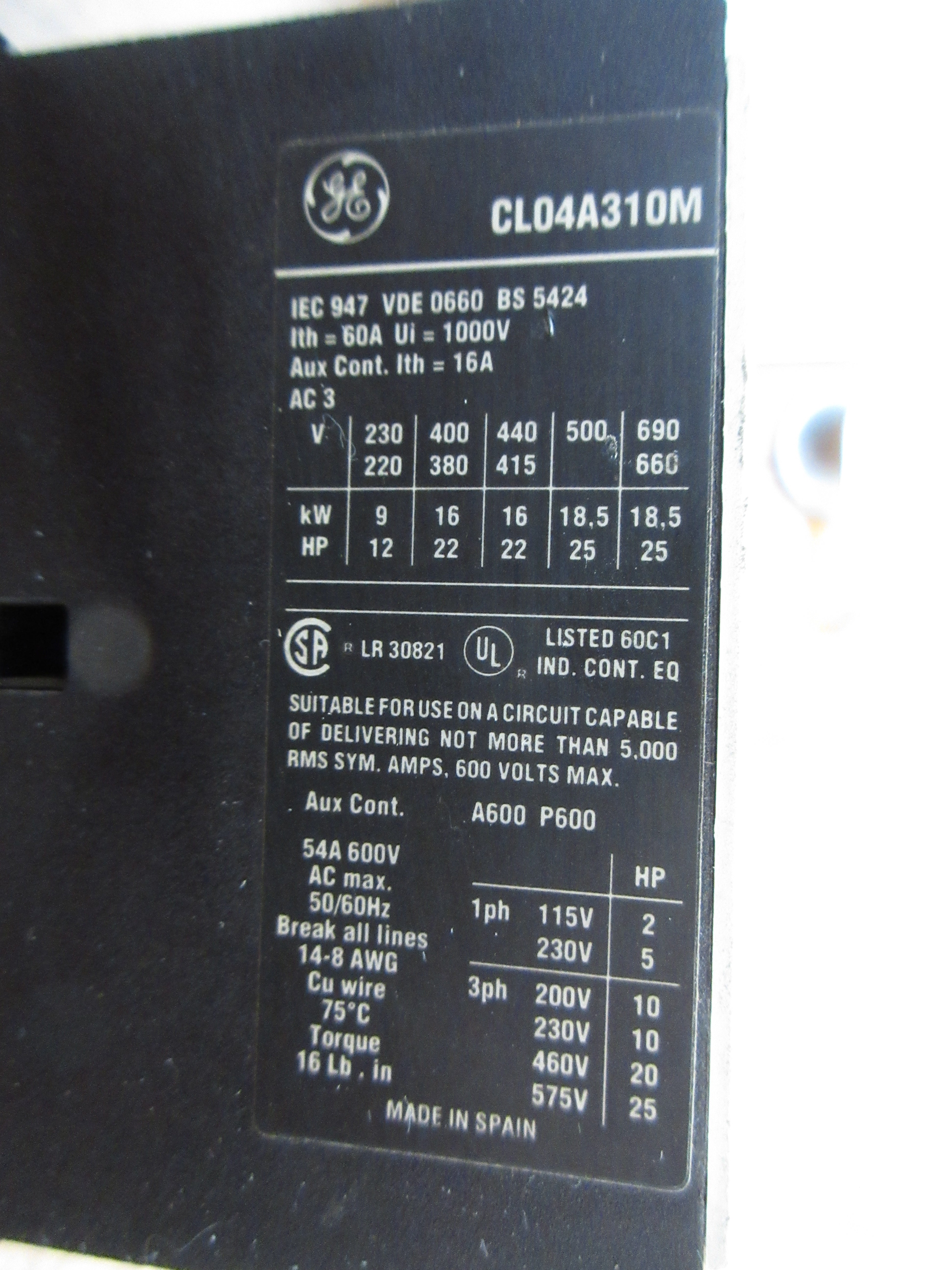 GE Reversing Contactor CL04A310M 120V Coil 54A 600V Used