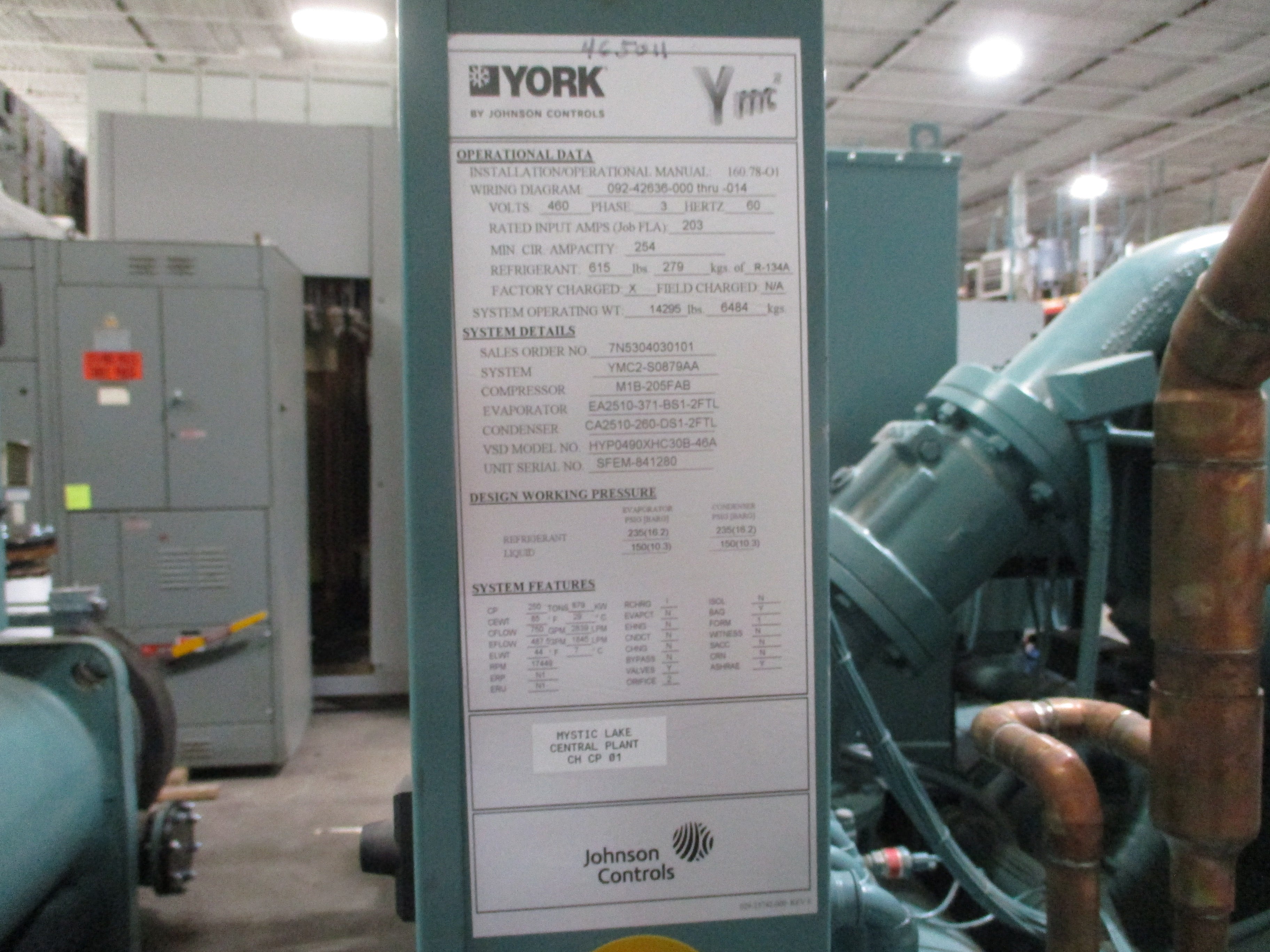 York YMC2 Water Cooled Chiller YMC2-S0879AA 250 ton 460V 3Ph R-134A 17,433 Opera