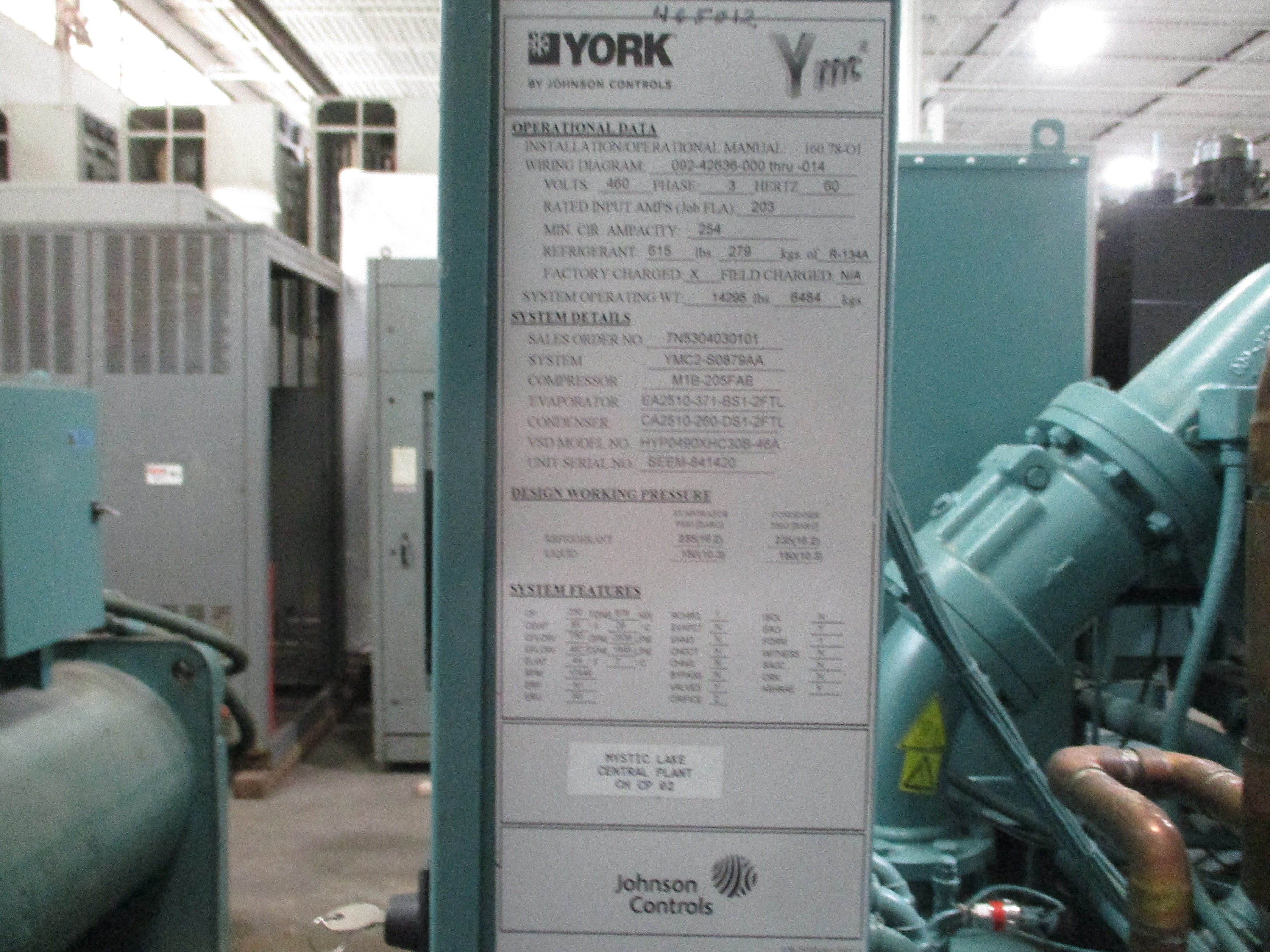 York YMC2 Water Cooled Chiller YMC2-S0879AA 250 ton 460V 3Ph R-134A 14,082 Opera
