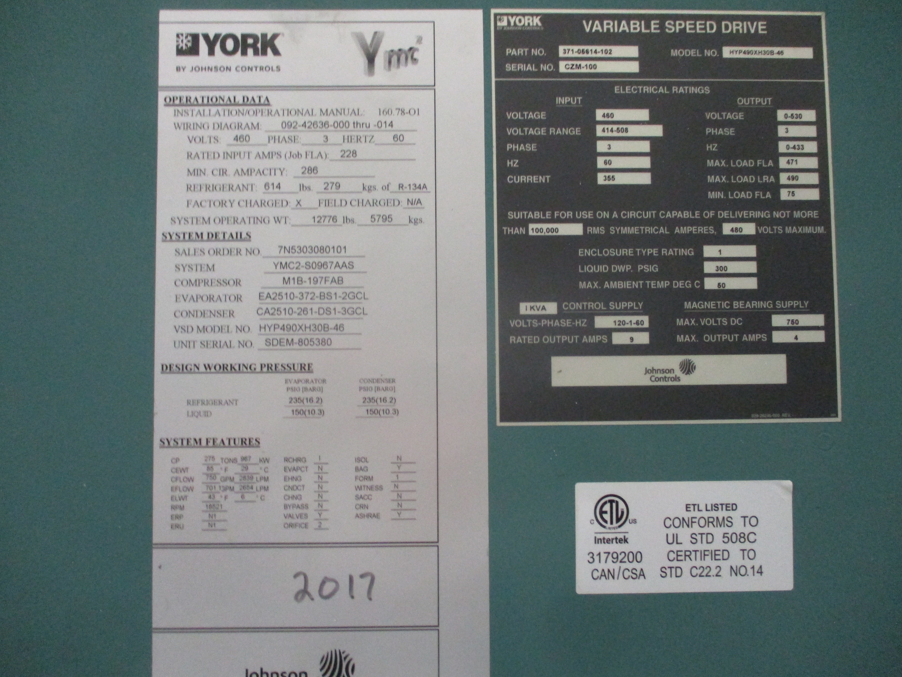 York YMC2 Water Cooled Chiller YMC2-S0967AAS 275 Ton 460V 3Ph 11,760 Operating H