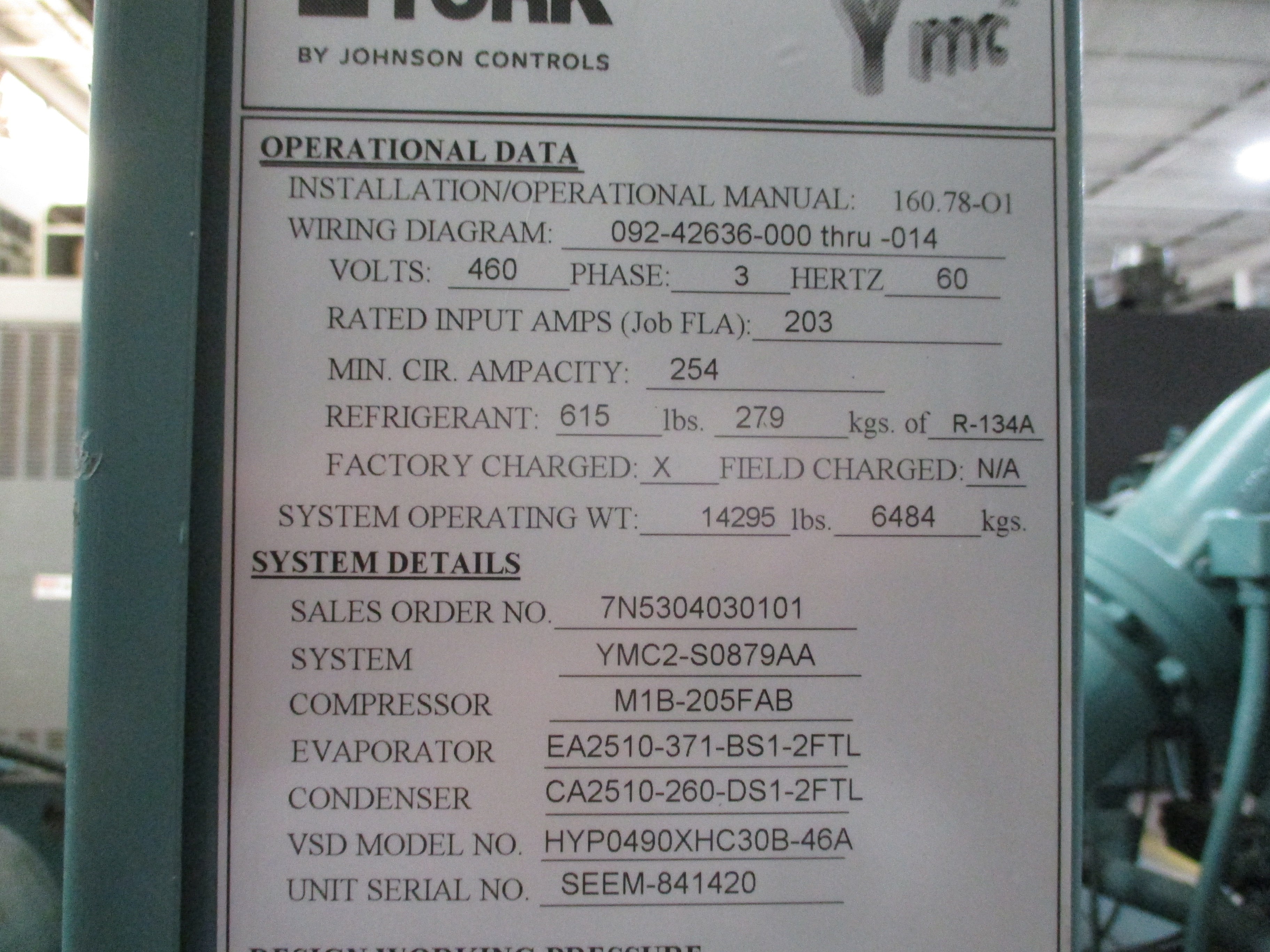 York YMC2 Water Cooled Chiller YMC2-S0879AA 250 ton 460V 3Ph R-134A 14,082 Opera