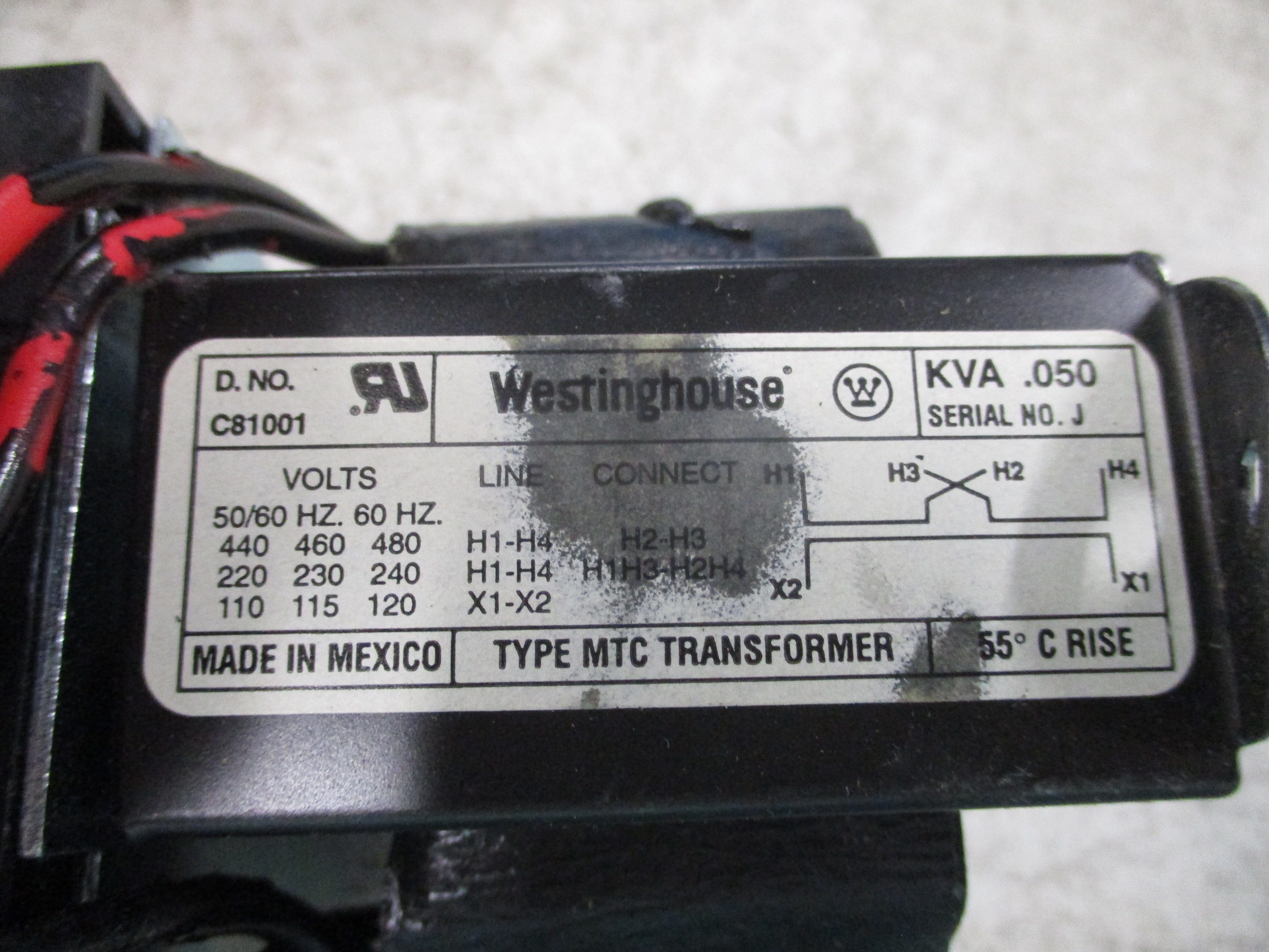 Westinghouse Type MTC Transformer C81001 0.050 KVA Pri: 240/480V Sec: 120V Used