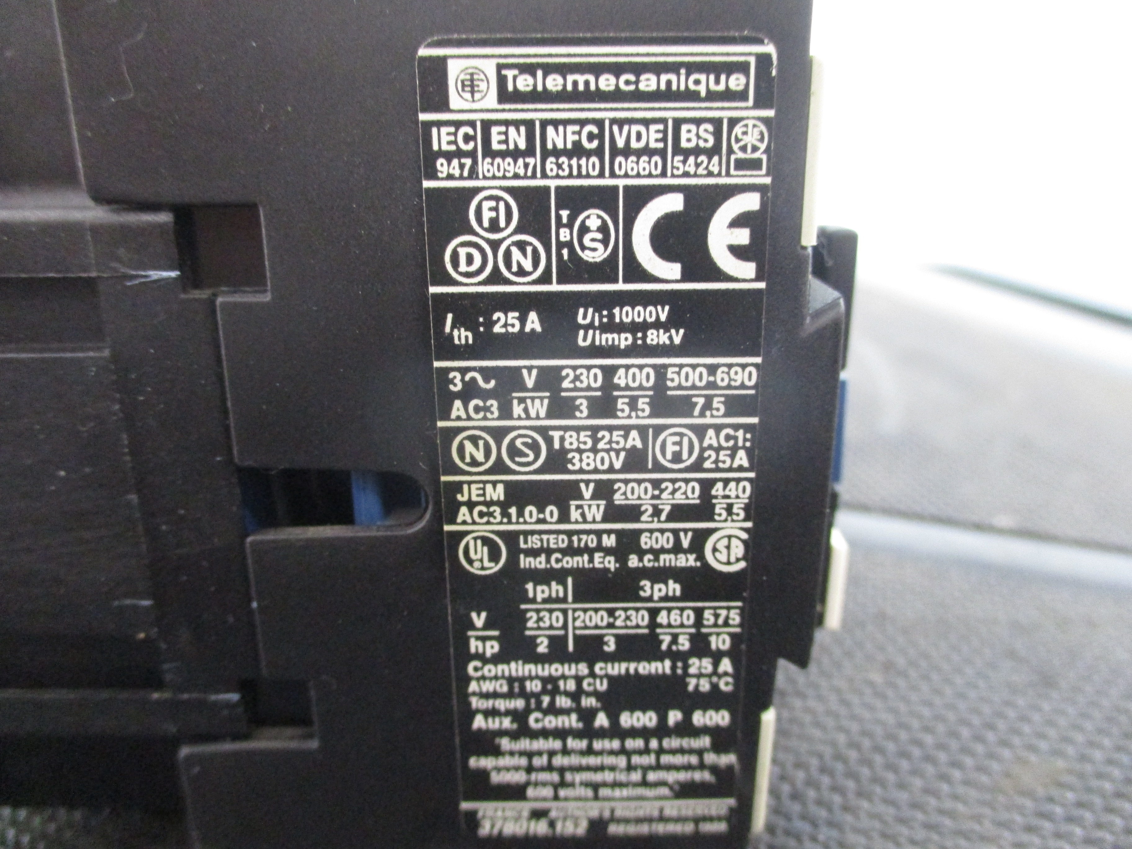 Telemecanique Reversing Contactor LC1 D12 01 120V Coil 25A 600V Used