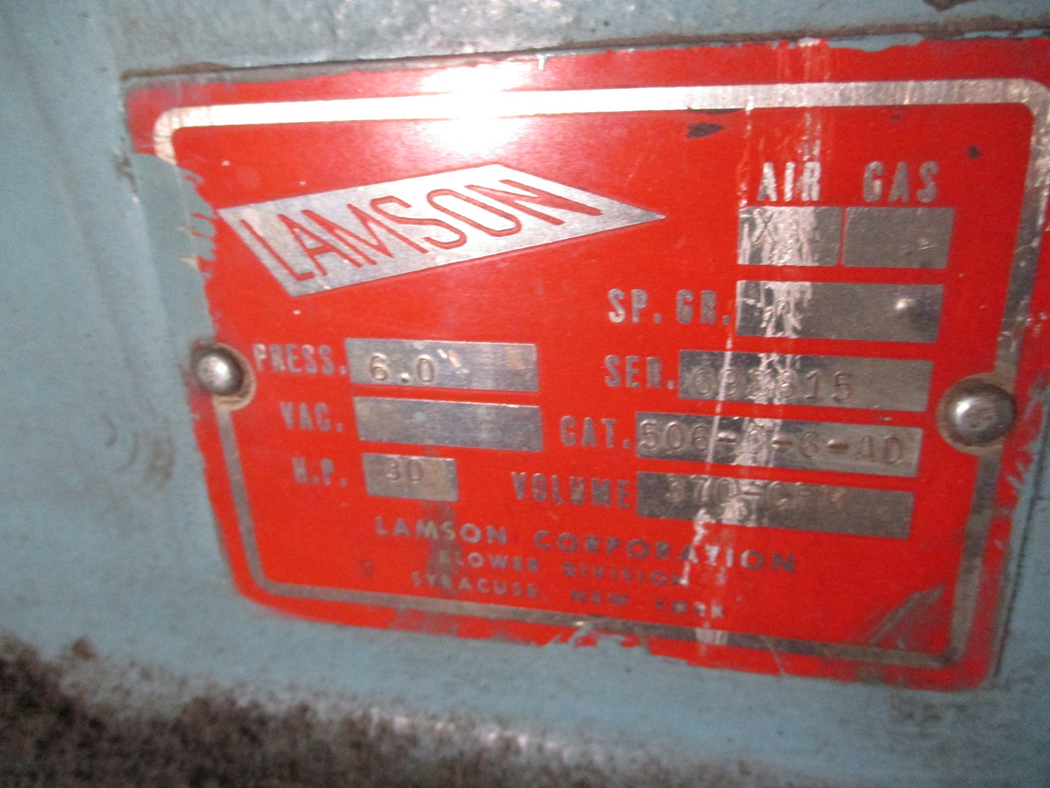 Lamson Centrifugal Blower 506-0-6-AD 370CFM 20HP 3490RPM 60Hz 3P Used