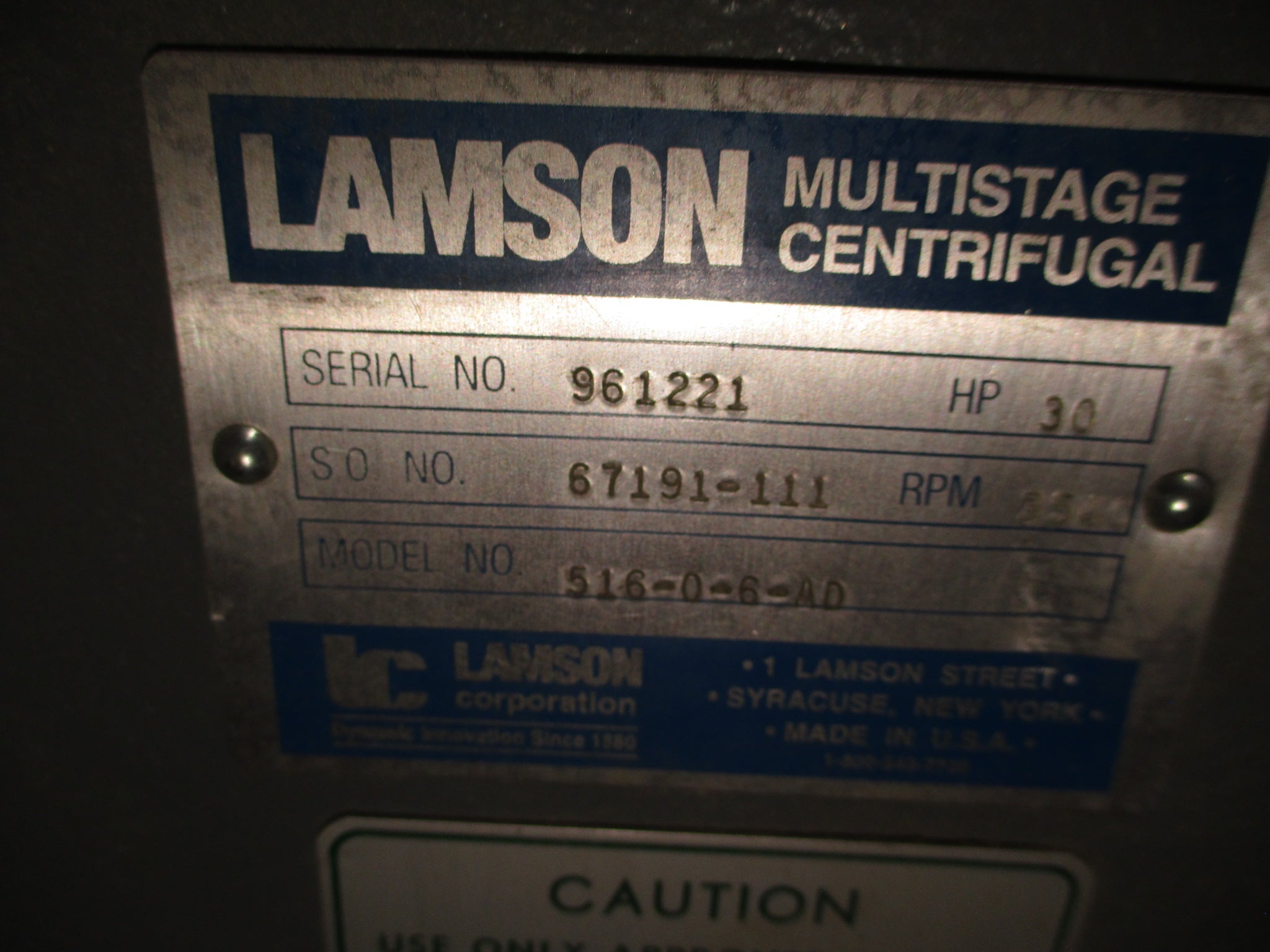 Lamson Multistage Centrifugal Blower 516-0-6-AD 30HP 3540RPM 230/460V 60Hz 3Ph