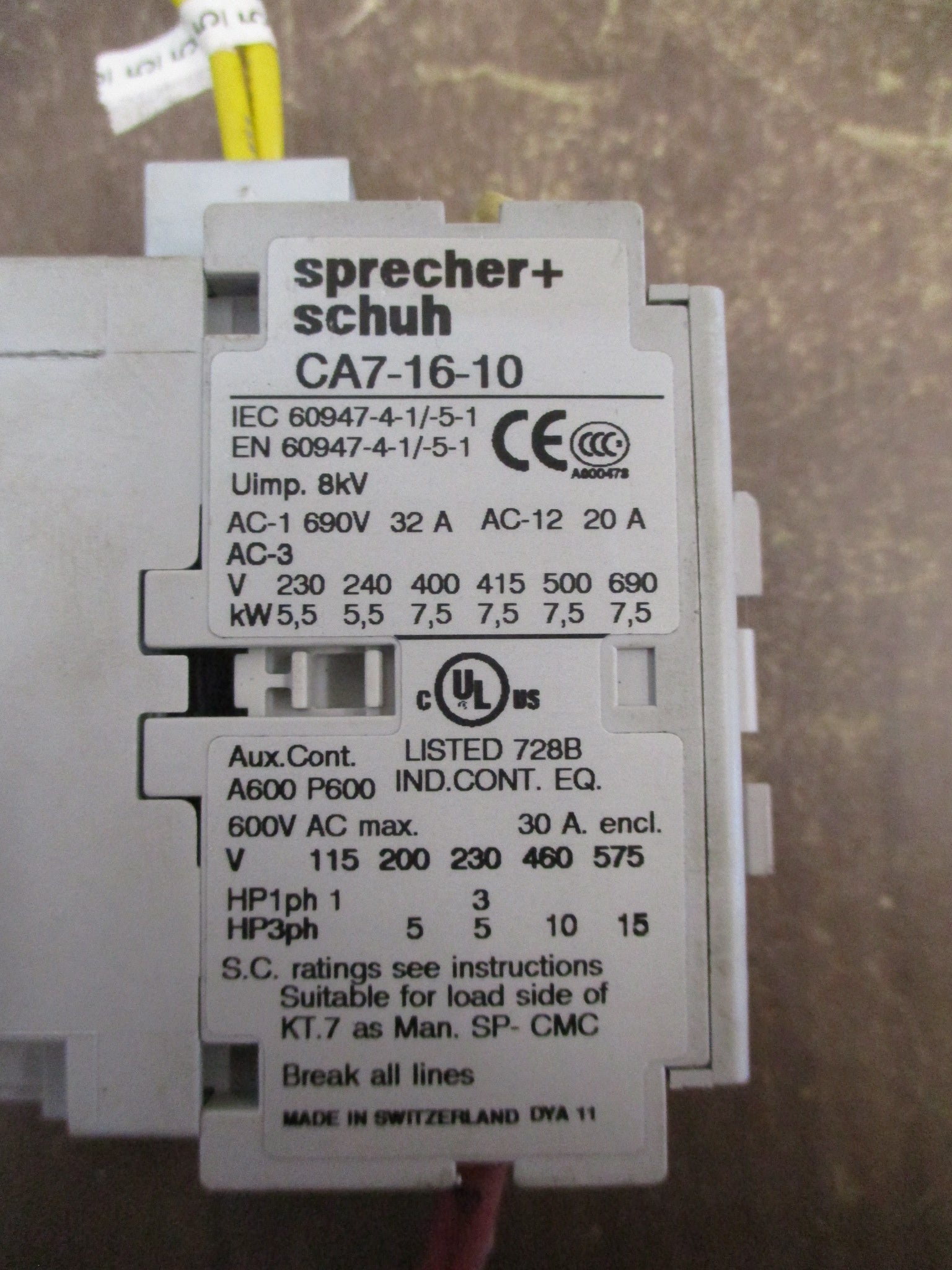 Sprecher + Schuh Contactor CA7-16-10 24V Coil 30A 600V Used