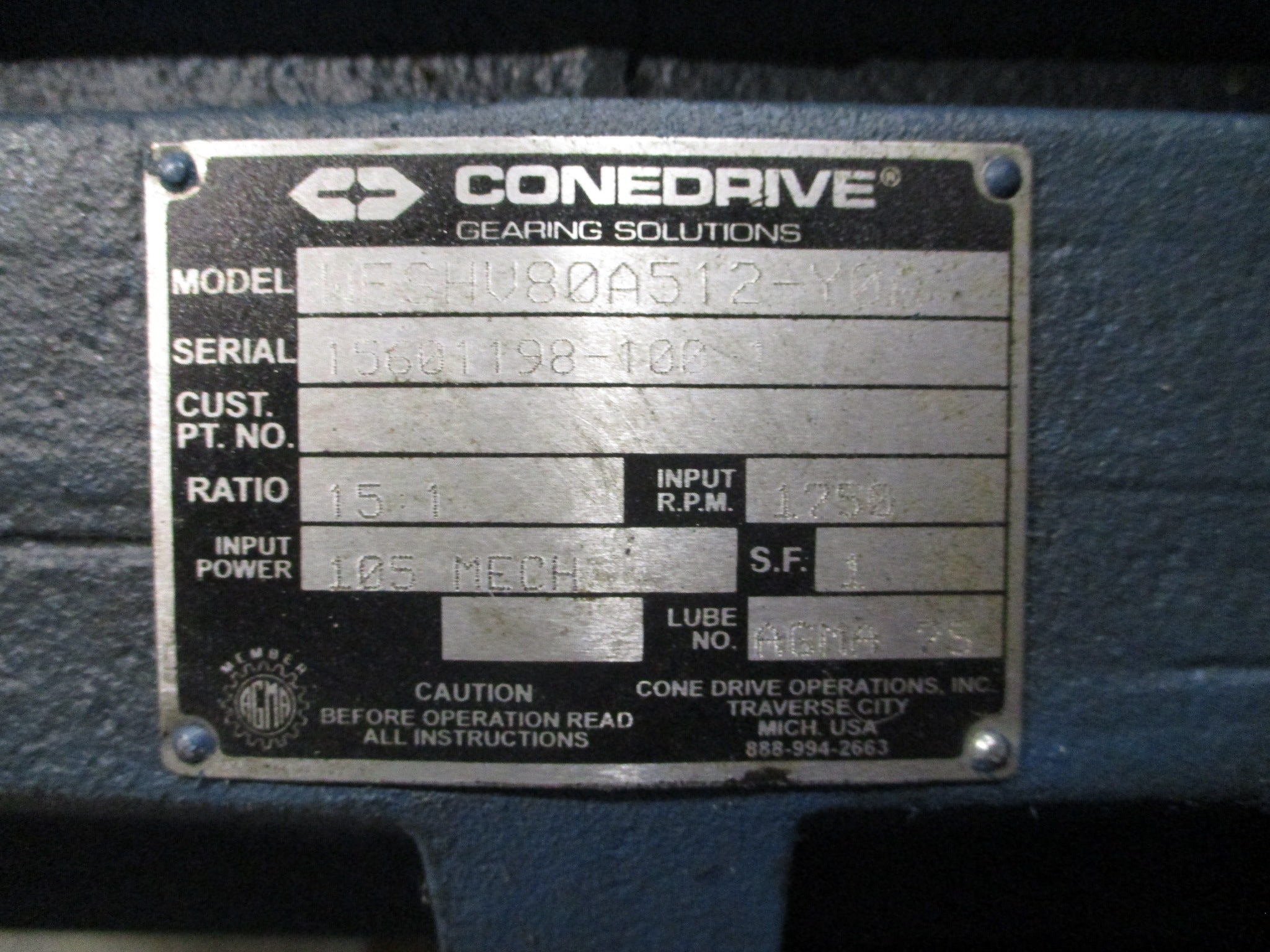 ConeDrive Gear Reducer WFSHV80A512-Y0A Ratio 15:1 1750RPM In, 105 HP In *No Box*