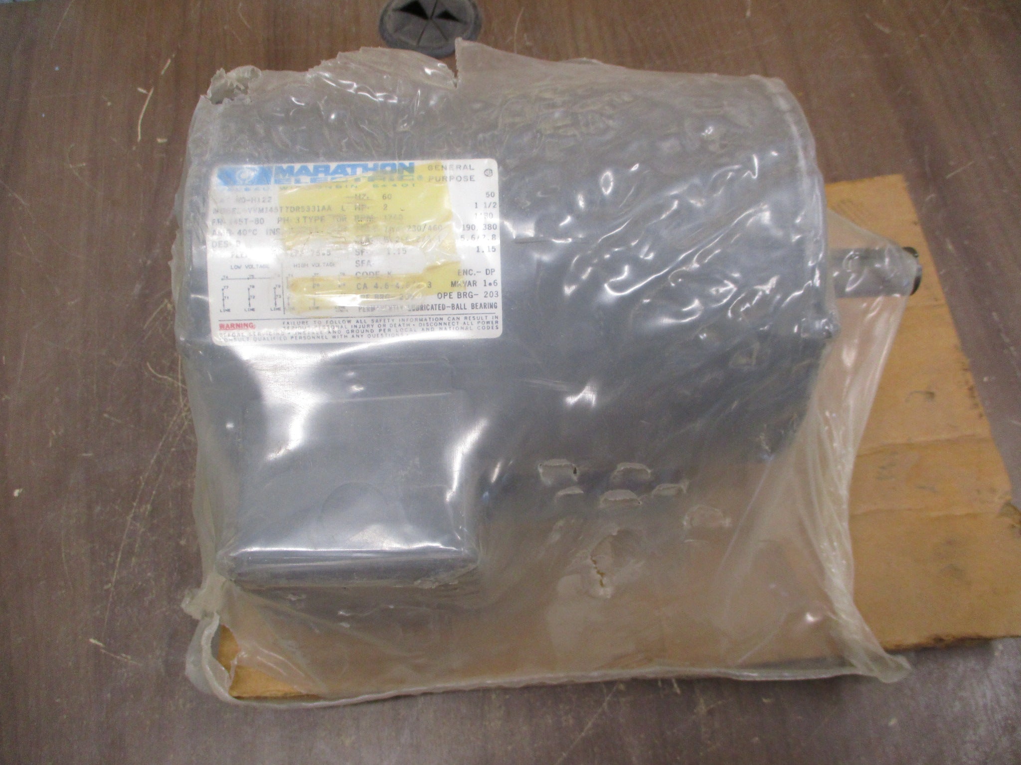 Marathon Motor N0-HI22 2HP 1800RPM 208-230/460V 6.2/3.1A 3Ph 60Hz New Surplus