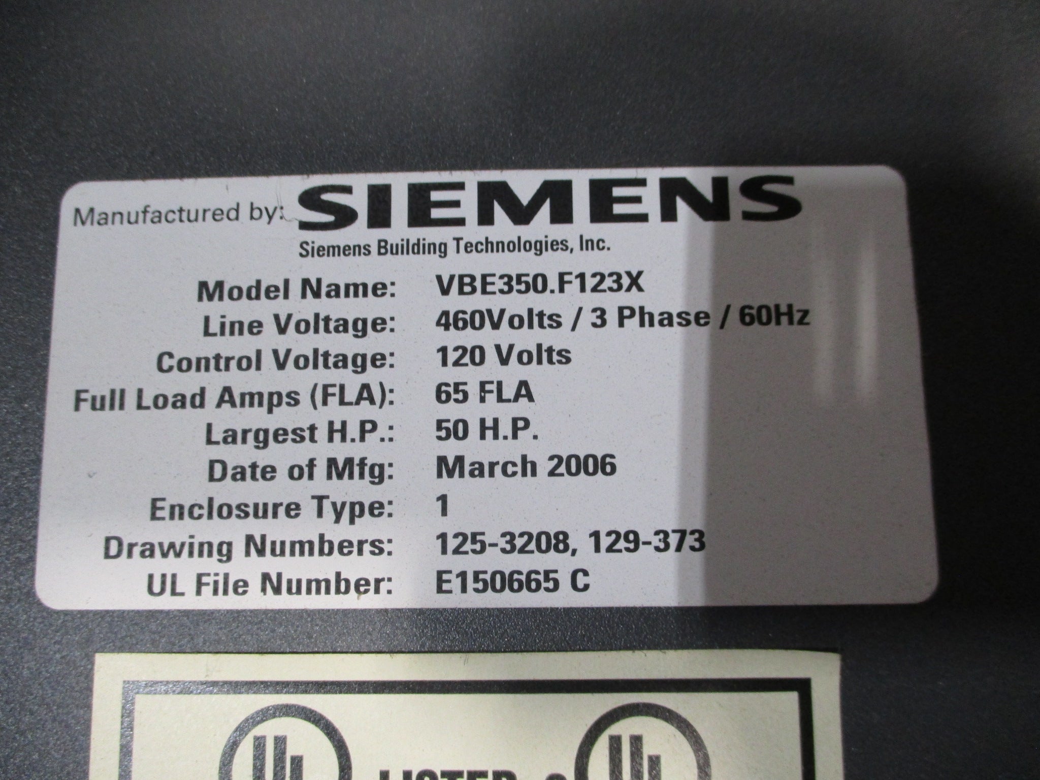 Siemens AC Drive w/ Bypass VBE350.F123X 50HP 460V 3Ph 60Hz 65A Used