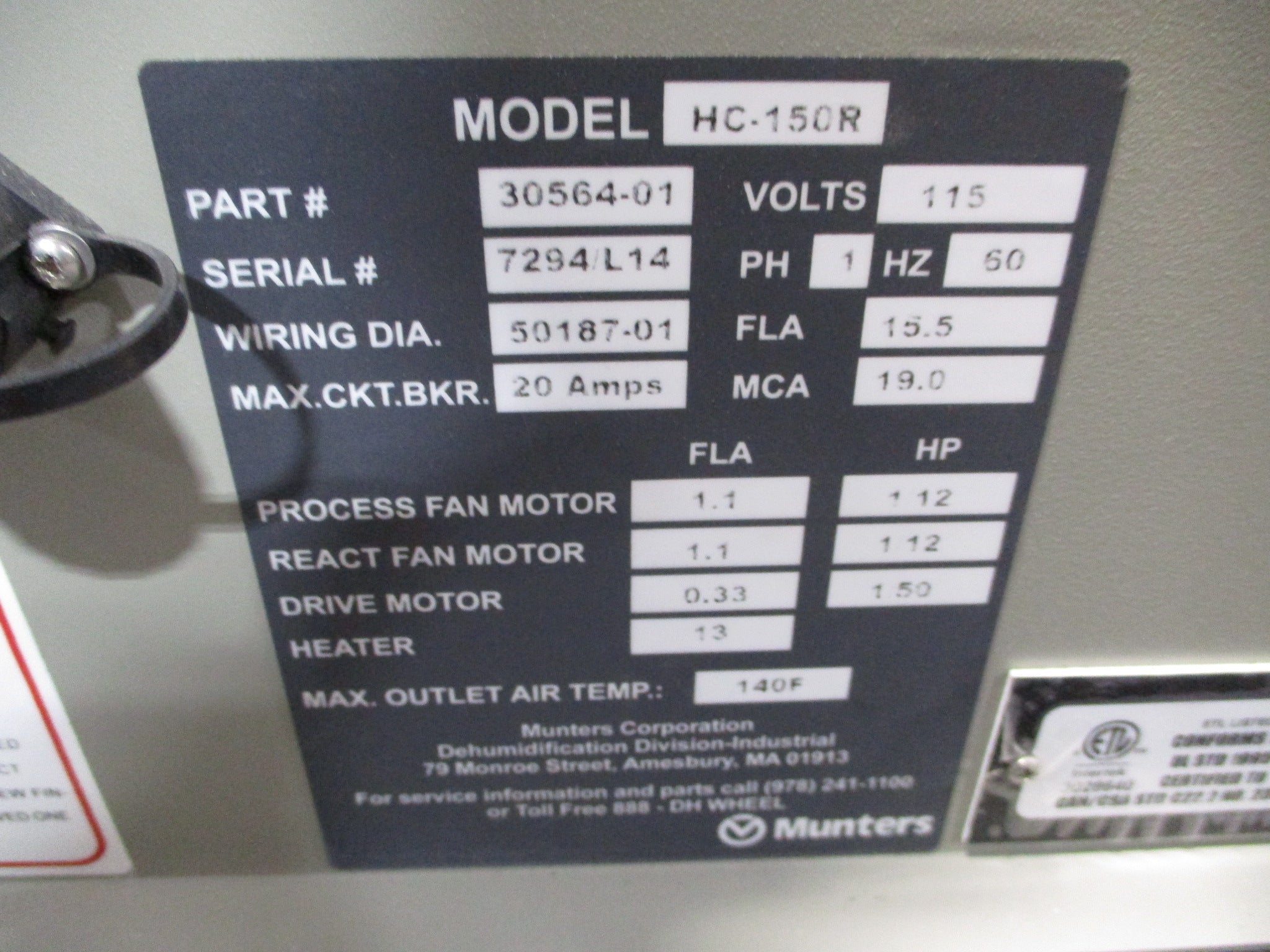 Munters HC-150R Desiccant Dehumidifier 30564-01 115V 1Ph 60Hz Used