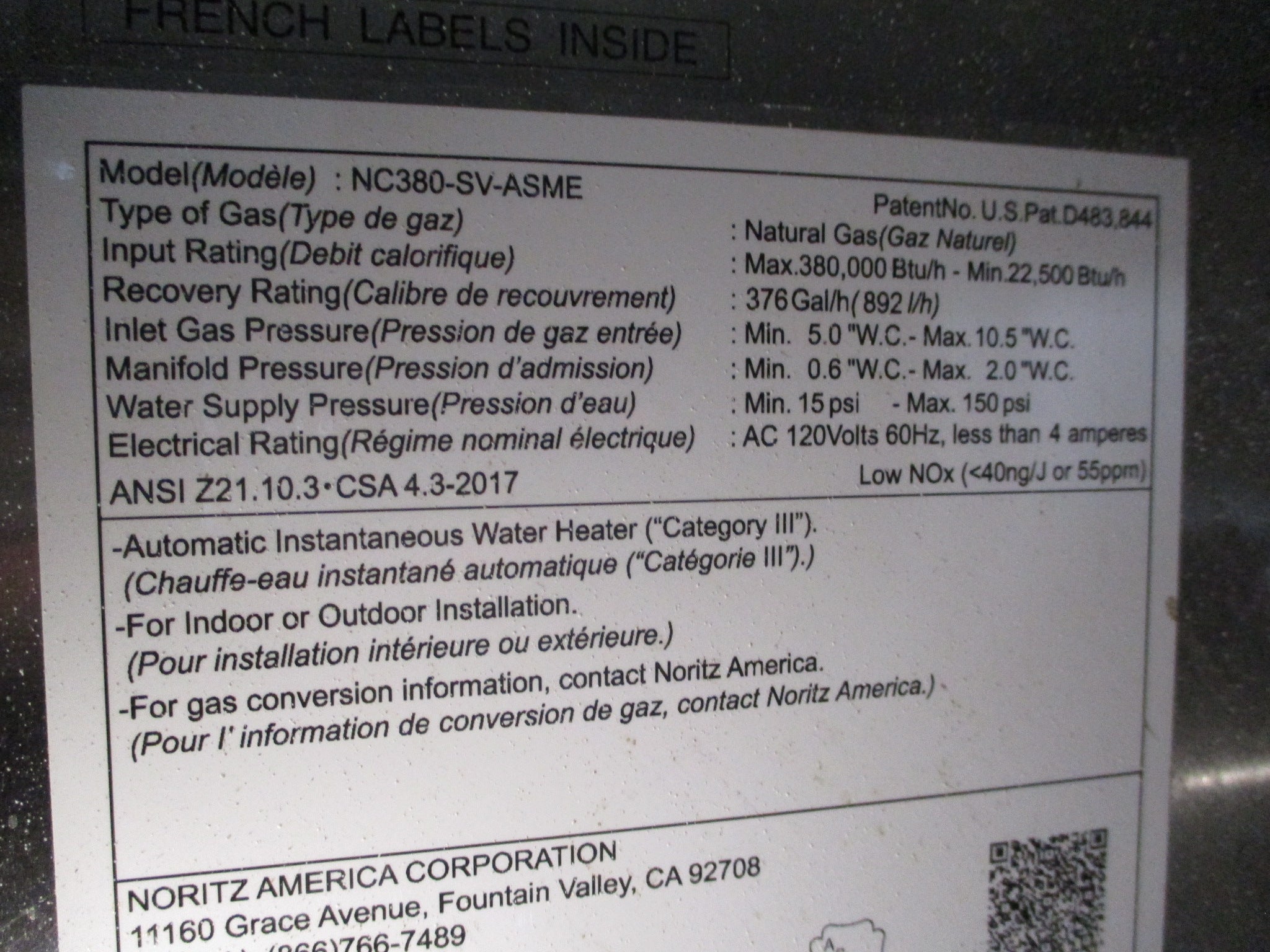 Noritz Commercial Tankless Water Heater NC380-SV-ASME 376 Gal/H Natural Gas Used