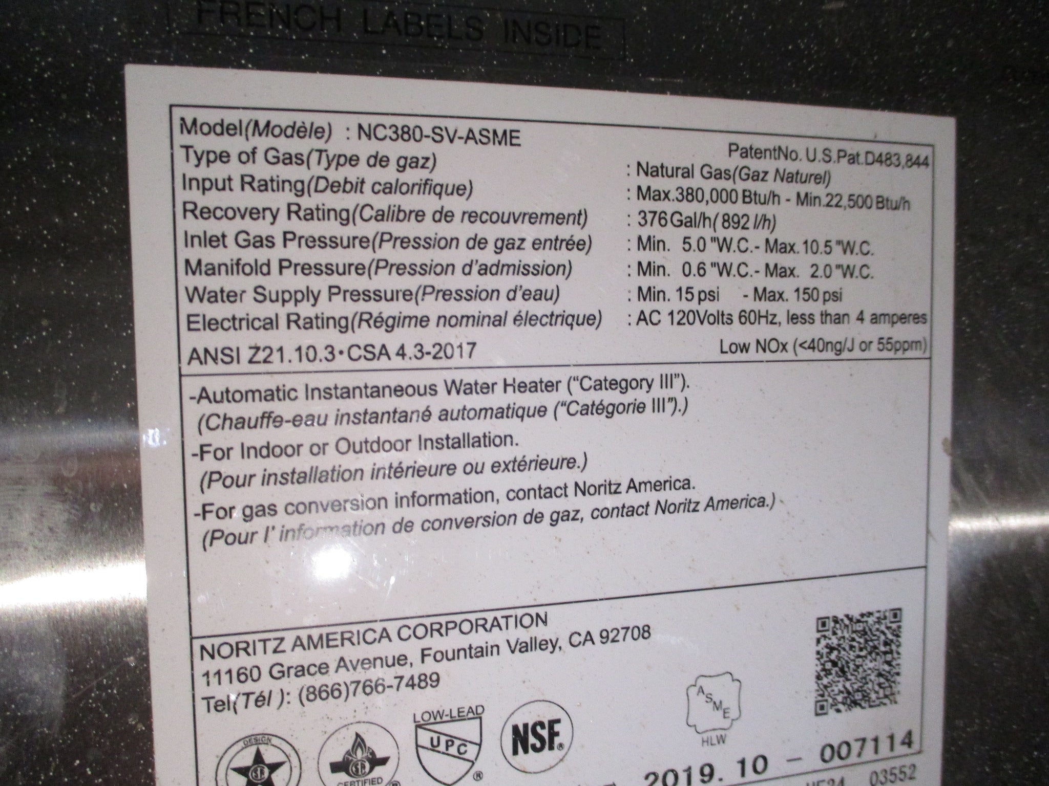 Noritz Commercial Tankless Water Heater NC380-SV-ASME 376 Gal/H Natural Gas Used