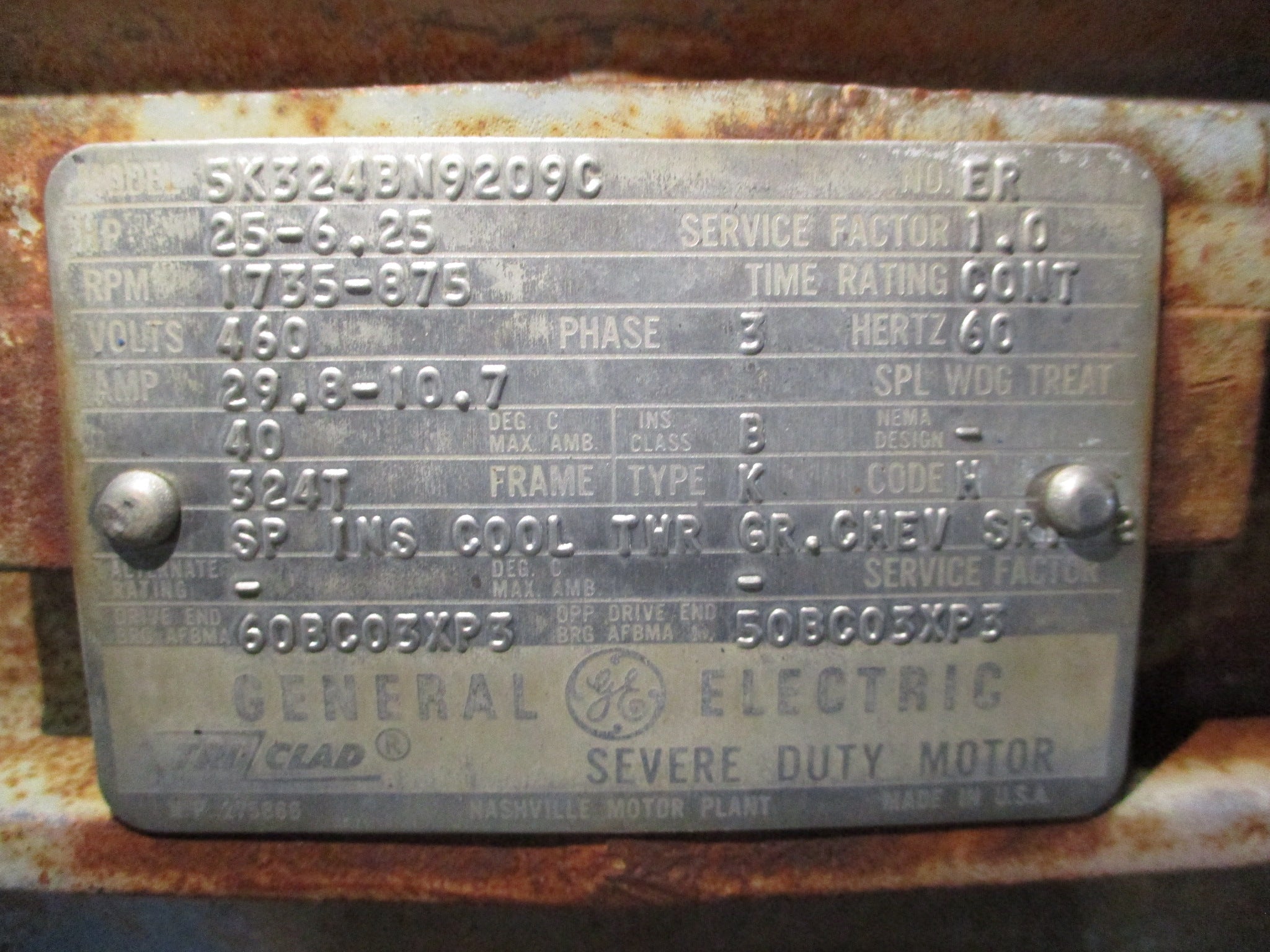 GE Motor 5K324BN9209C 25HP 1800RPM 460V 29.8 A 3Ph 60Hz Used