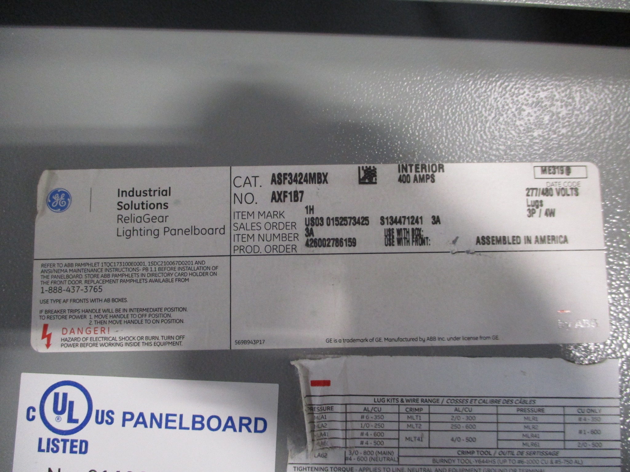 GE Main Breaker Circuit Breaker Panel ASF3424MBX 400A Max 125A Main 42-Slot Used