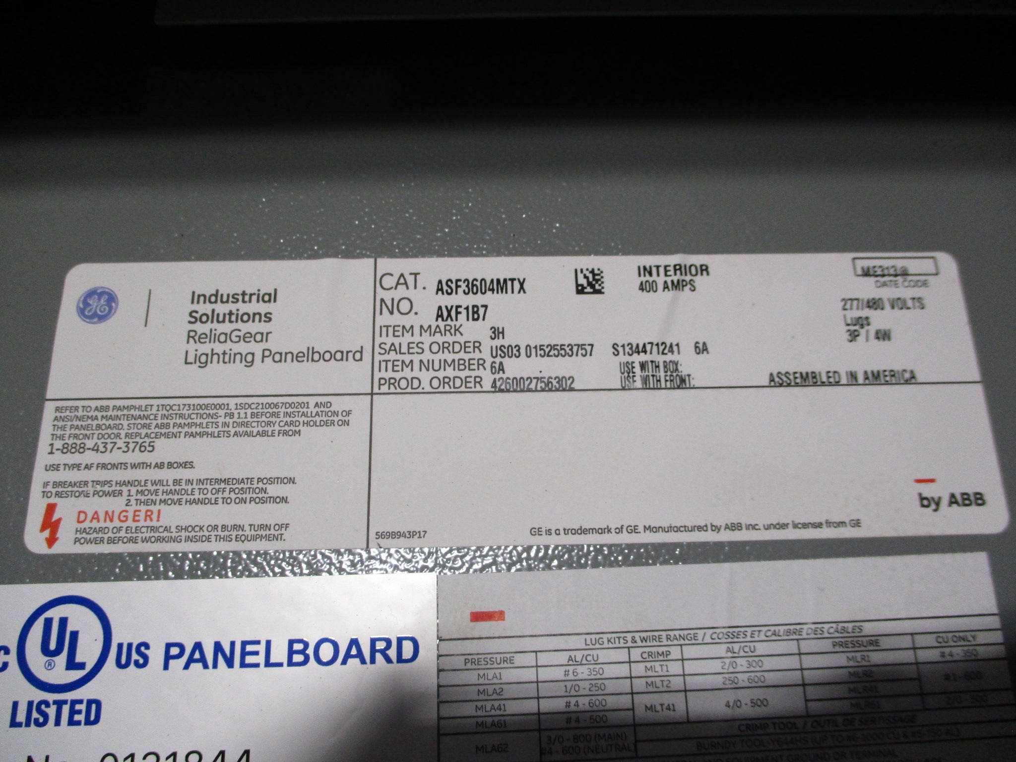 GE Main Breaker Circuit Breaker Panel ASF3604MTX 400A Max, 200A Main 277/480V