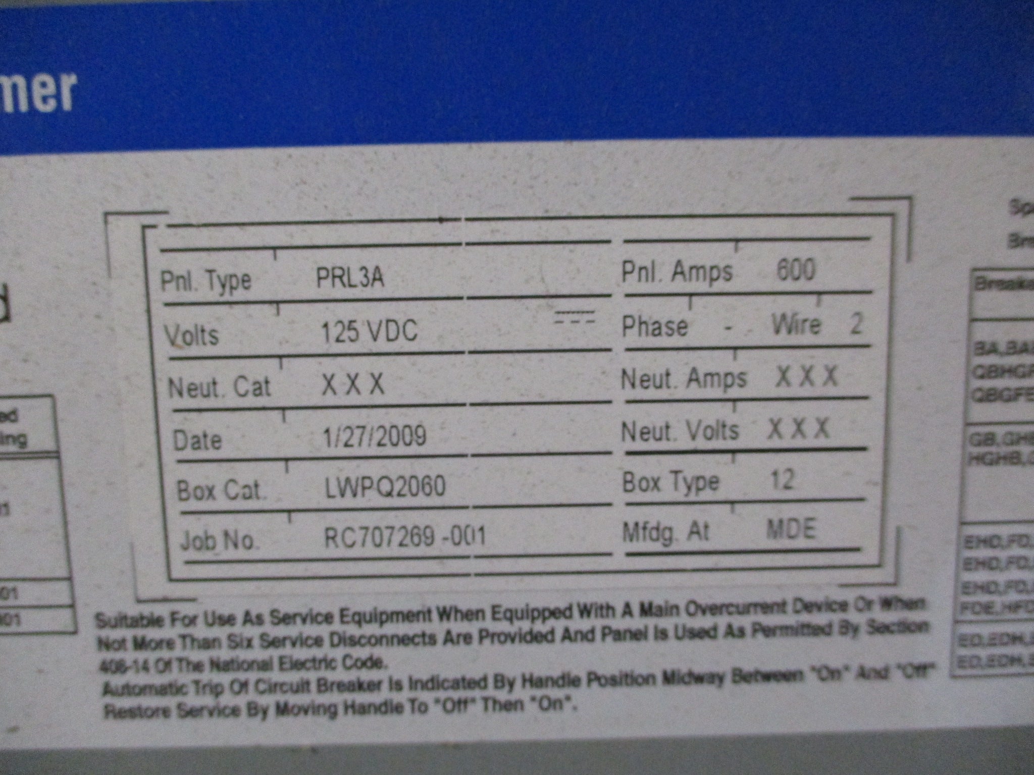 Eaton Pow-r-Line C Panelboard Interior PRL3A 600A 125VDC New Surplus