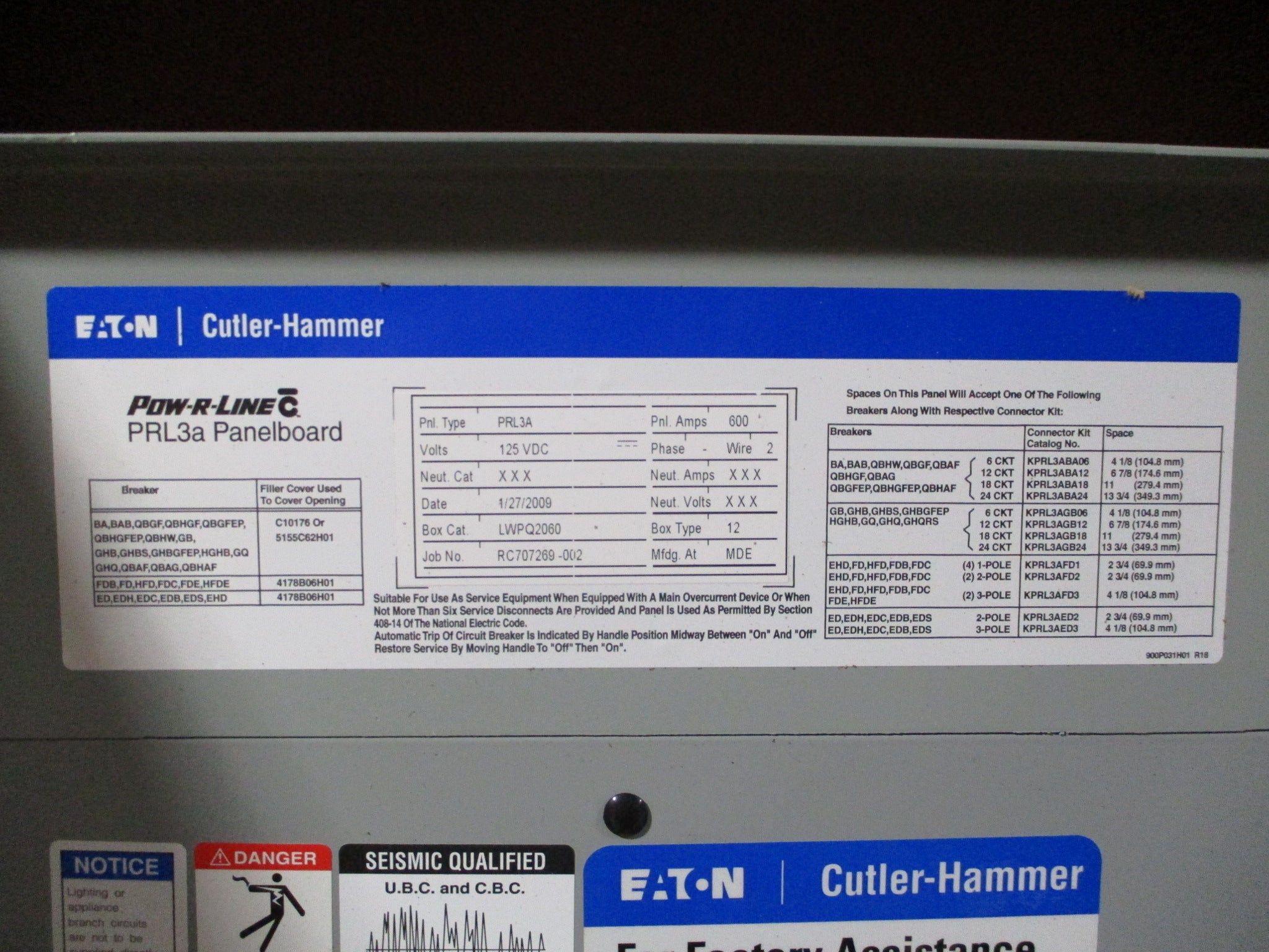 Eaton Pow-r-Line C Panelboard Interior PRL3A 125VDC 600A (4) ED2225 Breakers