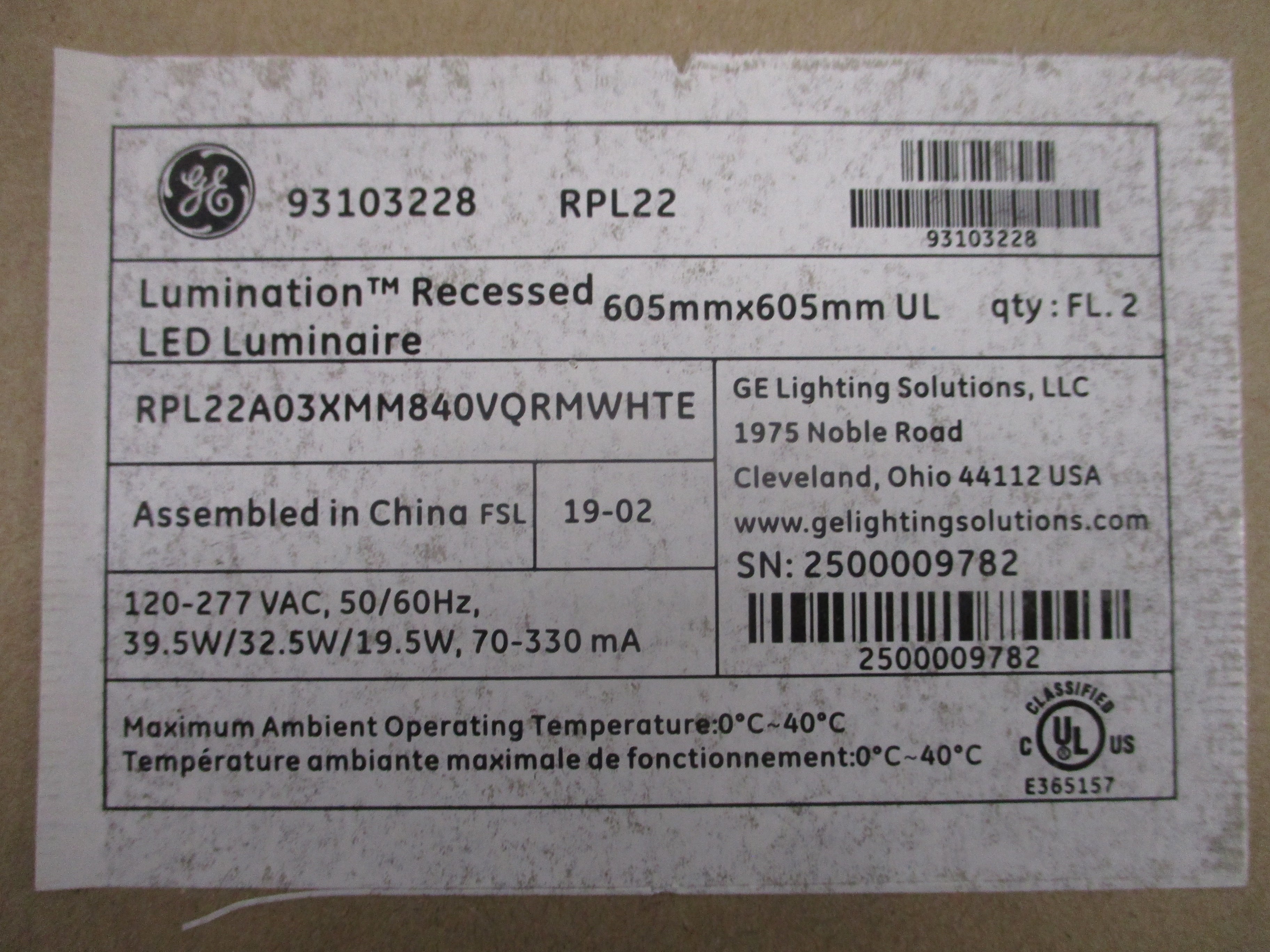 GE Lumination Recessed LED Luminaire RPL22A03XMM840VQRMWHTE 605MM x 605mm 120-27