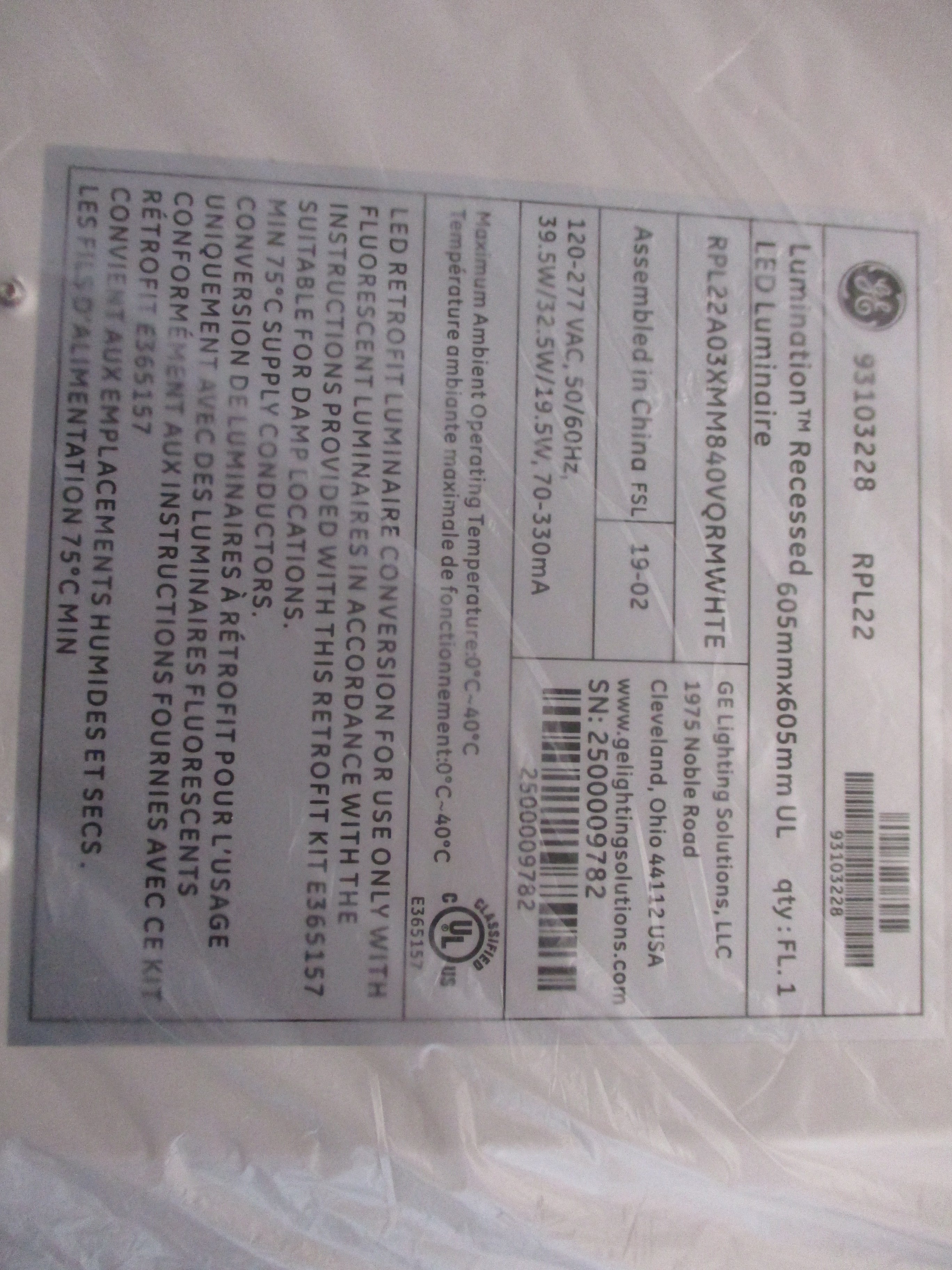 GE Lumination Recessed LED Luminaire RPL22A03XMM840VQRMWHTE 605MM x 605mm 120-27