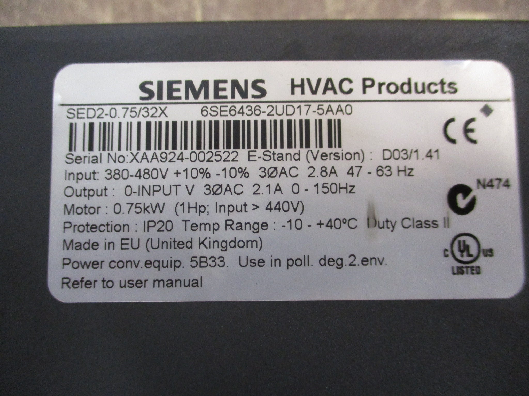 Siemens SED2-0.75/32X AC Drive 6SE6436-2UD17-5AA0 1HP 3Ph Used