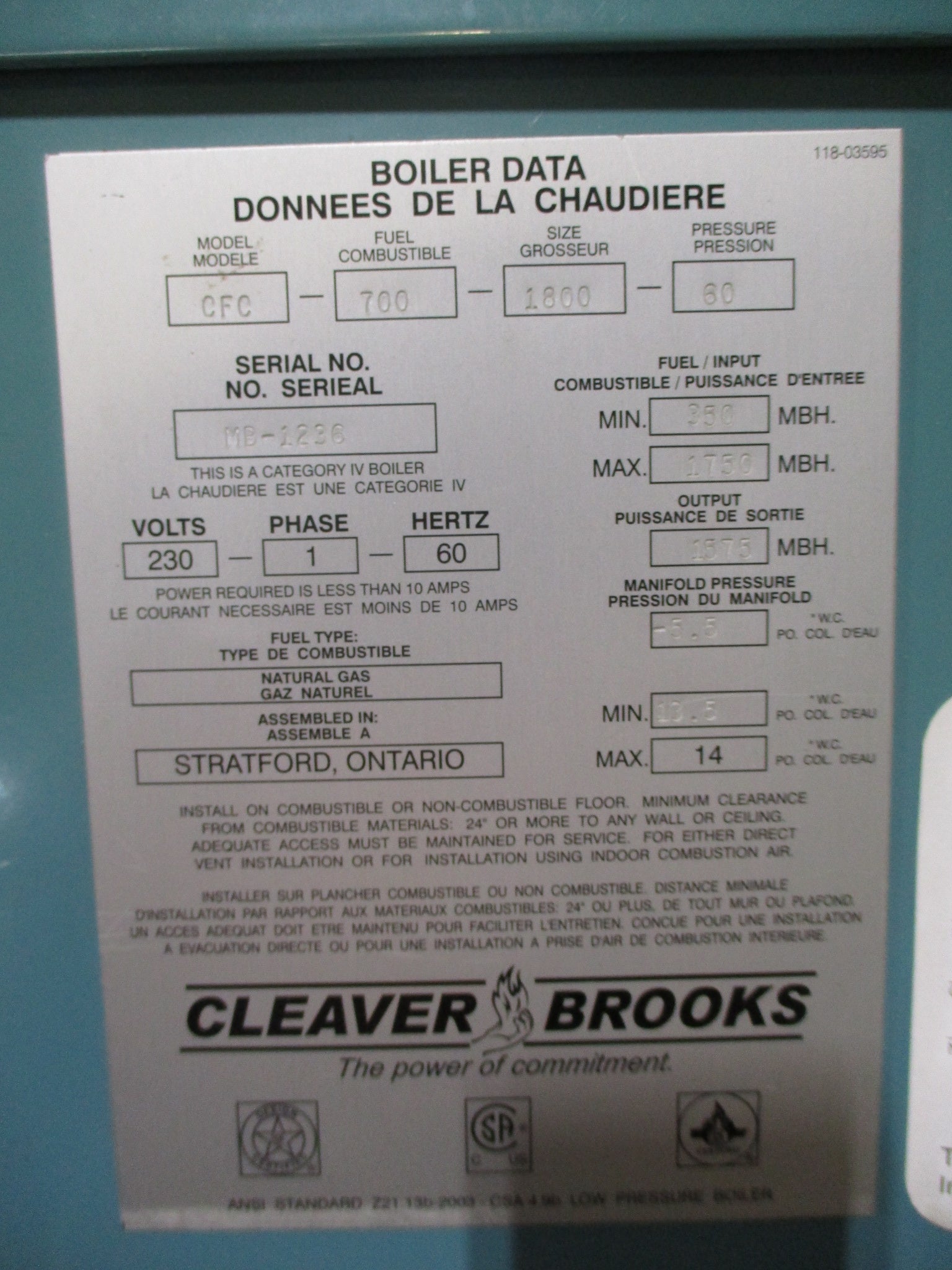 Cleaver Brooks ClearFire-C Firetube Boiler CFC-700-1800-60 230V 1Ph 60Hz Used