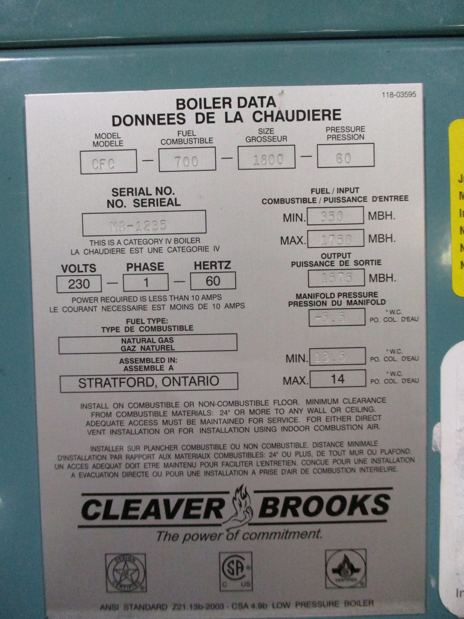 Cleaver Brooks ClearFire-C Firetube Boiler CFC-700-1800-60 230V 1Ph 60Hz Used