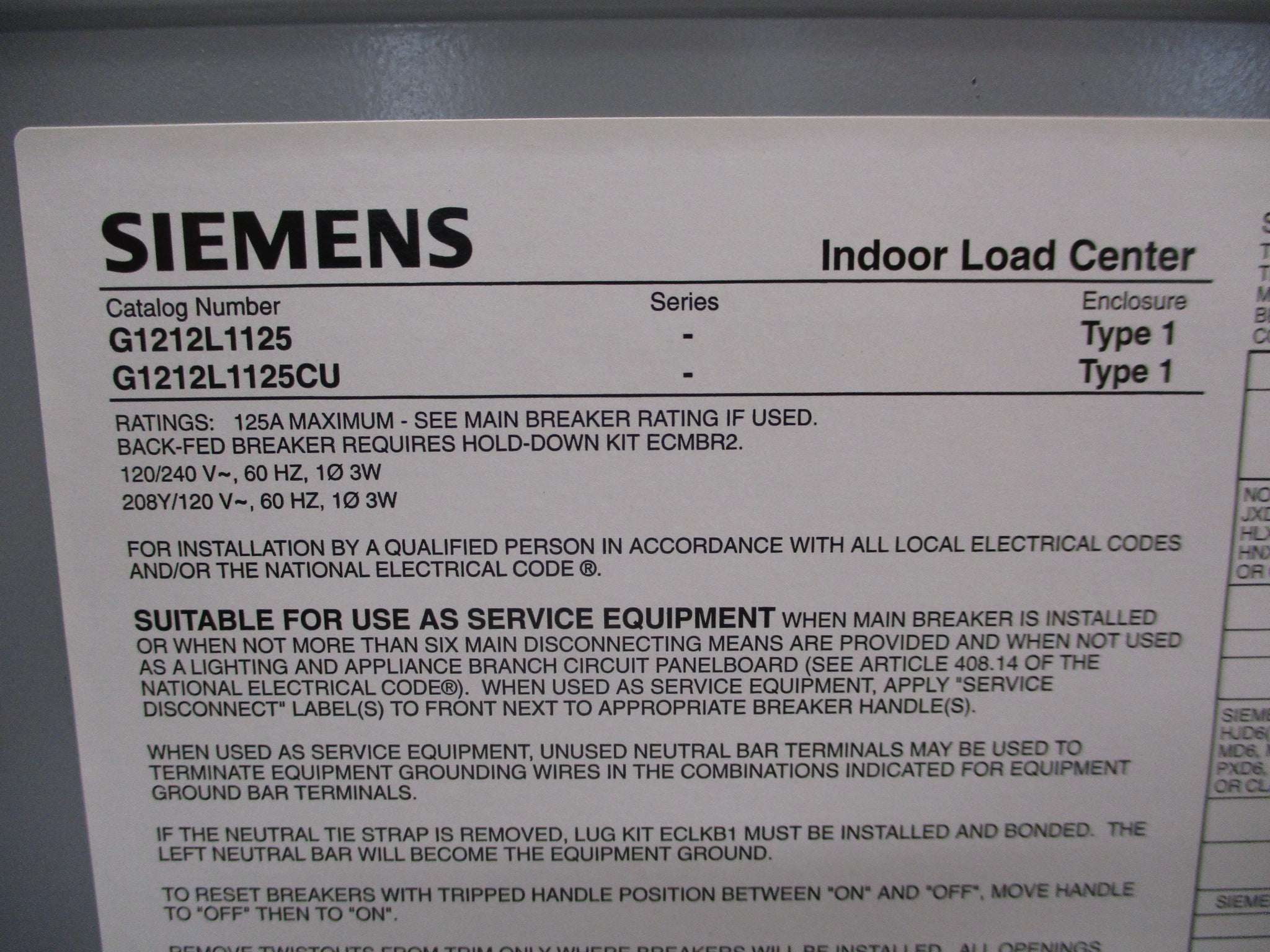 Siemens Main Lug Breaker Panel G1212L1125 125A Max 120/240V 60Hz 1Ph 3W Used