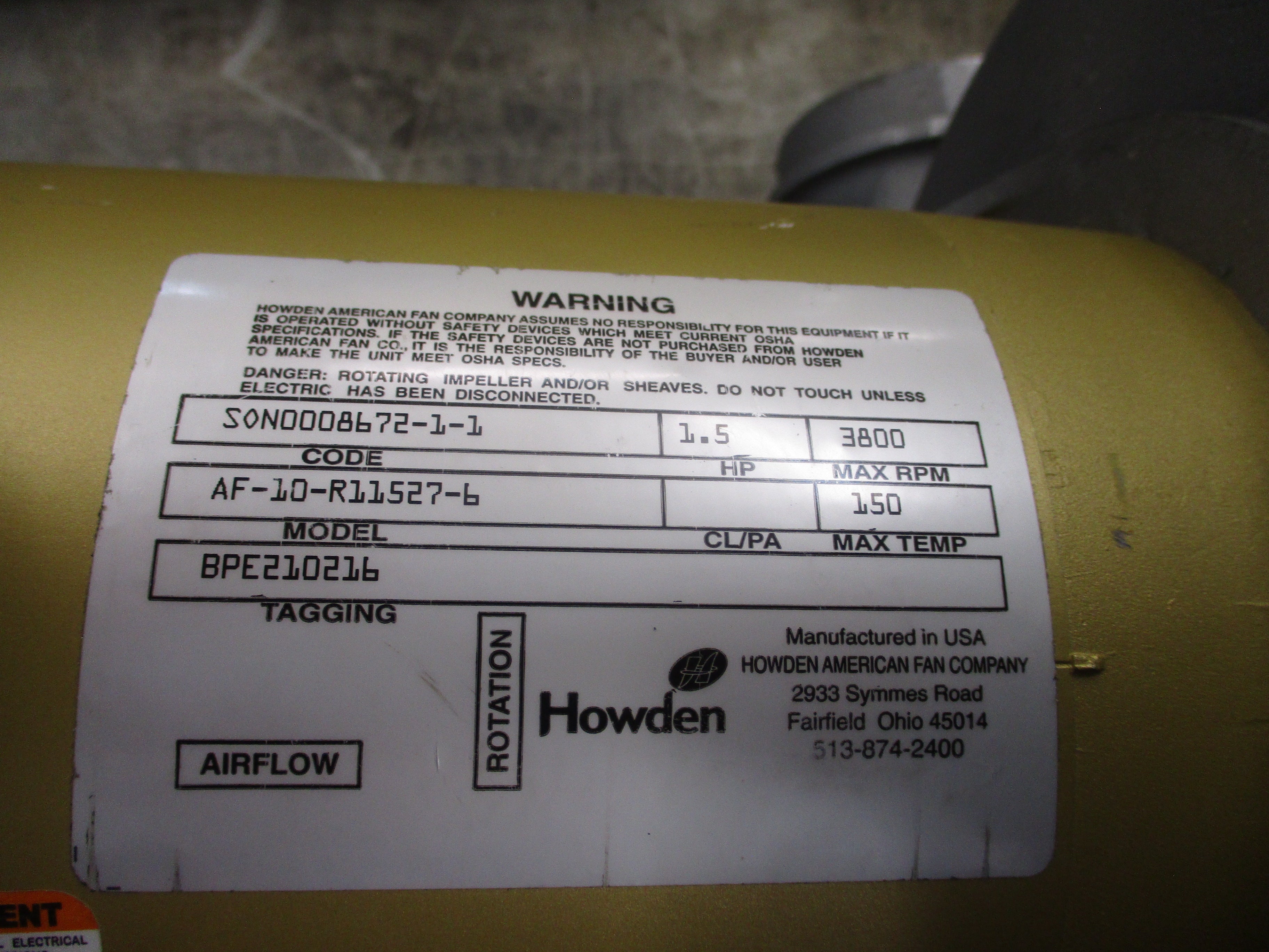 American Fan Co. Blower W/Motor AF-10 1.5HP 208-230/460V 3500RPM 3Ph Used