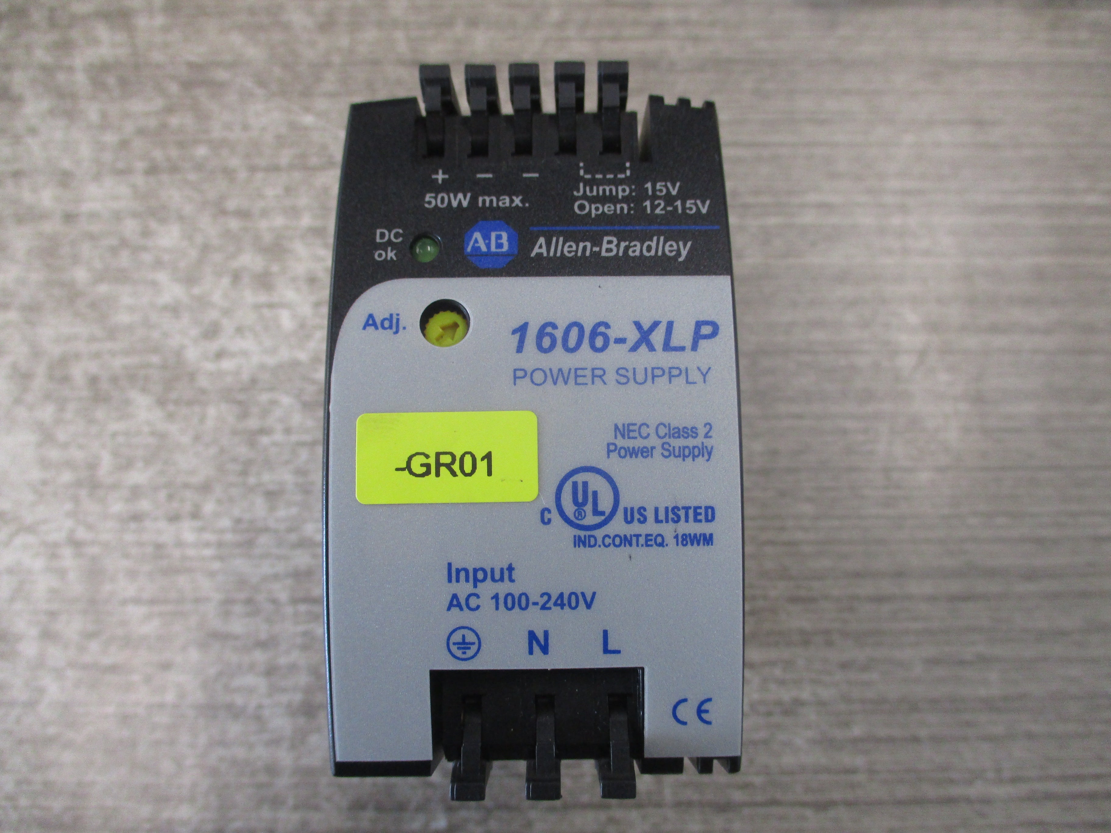 Allen-Bradley Power Supply 1606-XLP50B Ser. A 50W Input: 100-240VAC / 1.0A / 50-60Hz Output: 12-15VDC / 4.2A Used