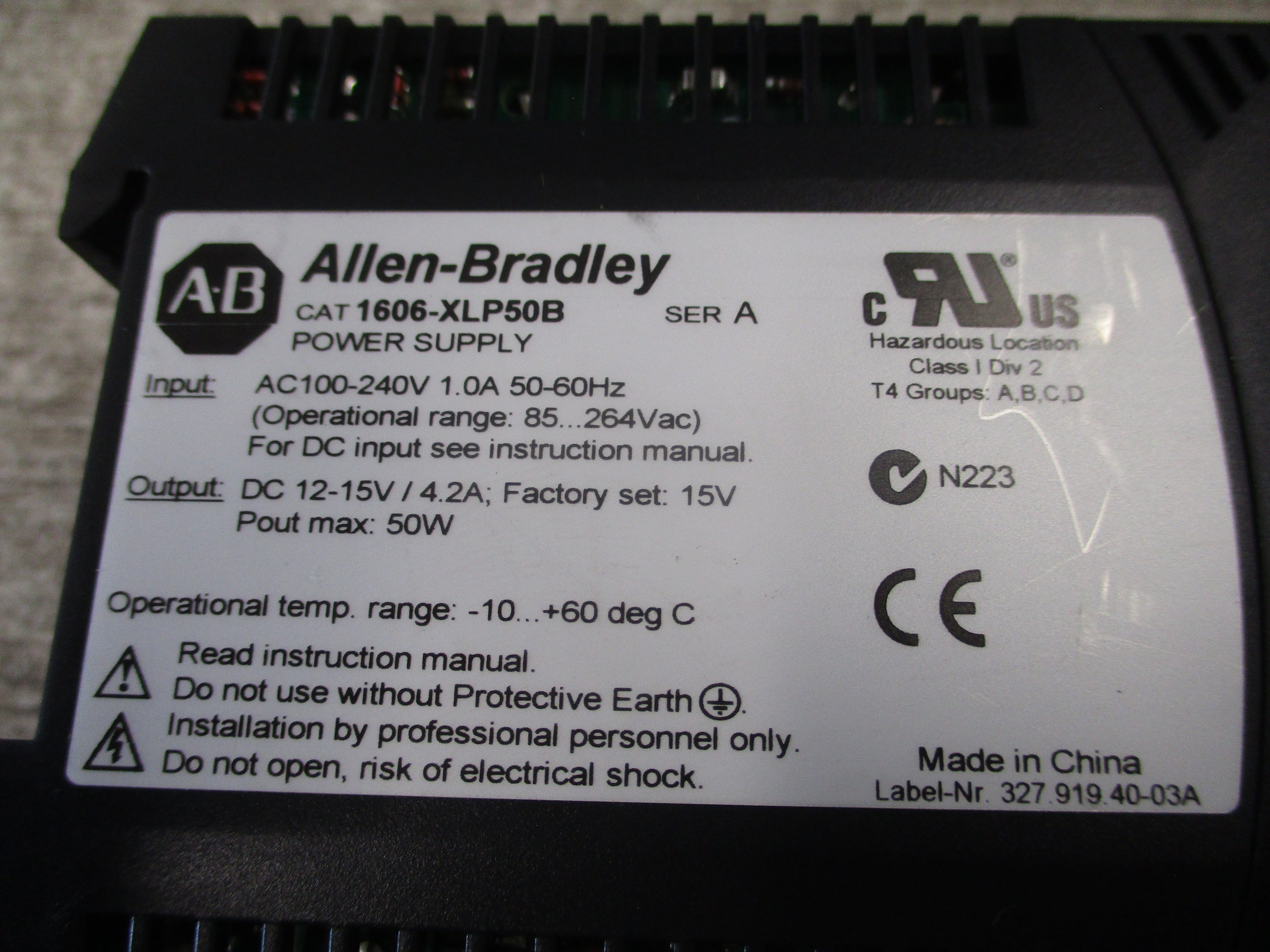 Allen-Bradley Power Supply 1606-XLP50B Ser. A 50W Input: 100-240VAC / 1.0A / 50-60Hz Output: 12-15VDC / 4.2A Used
