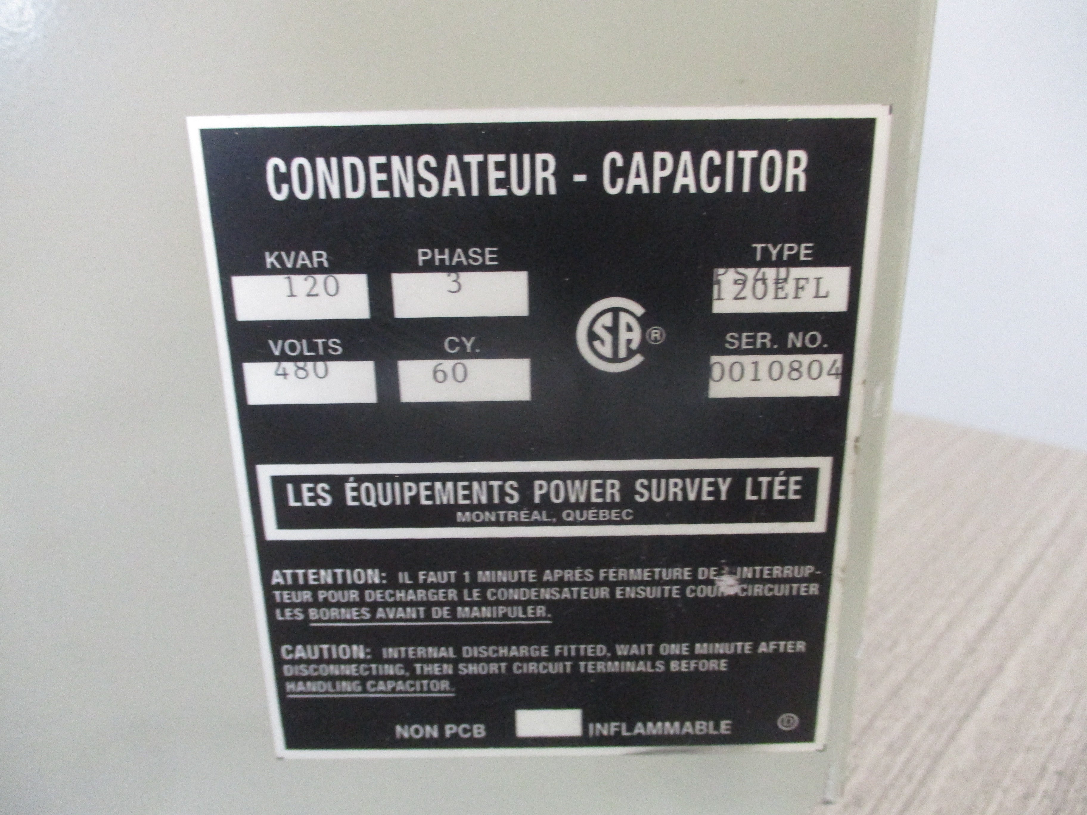 Power Survey Capacitor PS4D 120EFL 120kVAR 480V 9Ph 60Hz Used