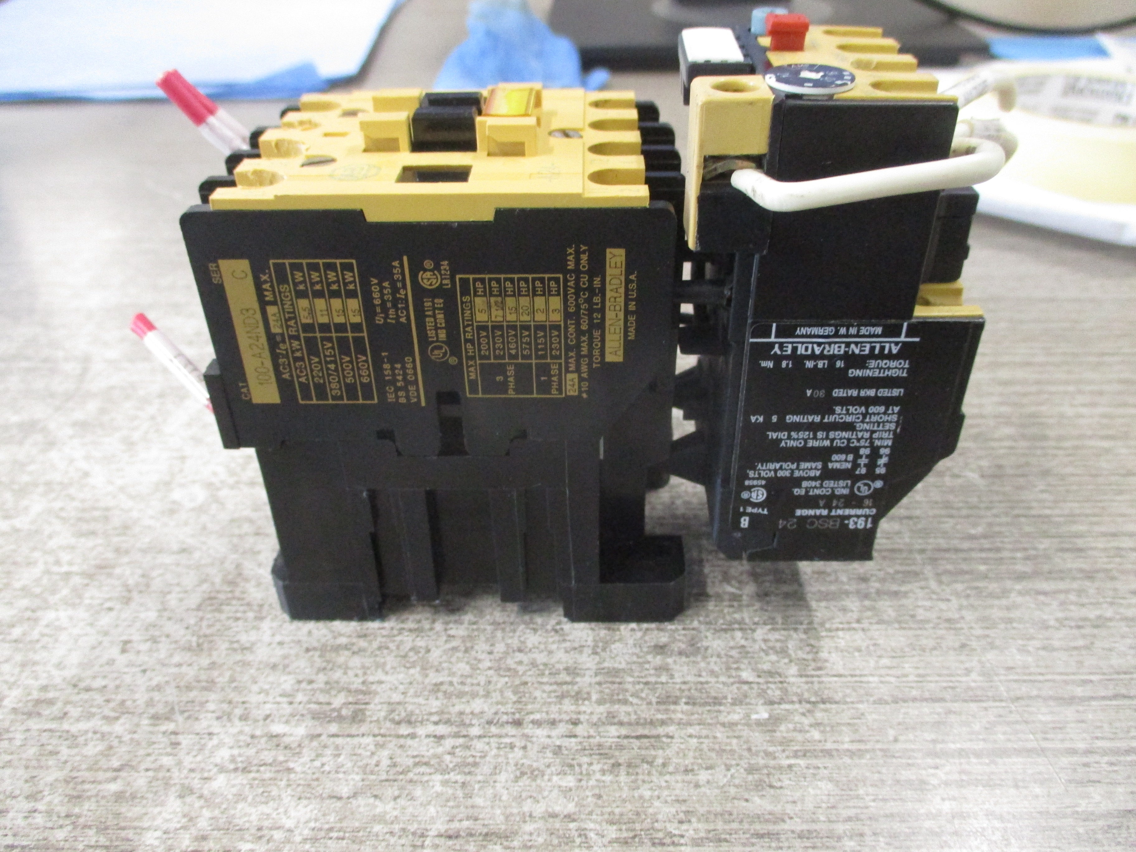 Allen-Bradley Starter 100-A24ND3 / 193-BSC 24 120V Coil Trip: 16-24A 600V Used