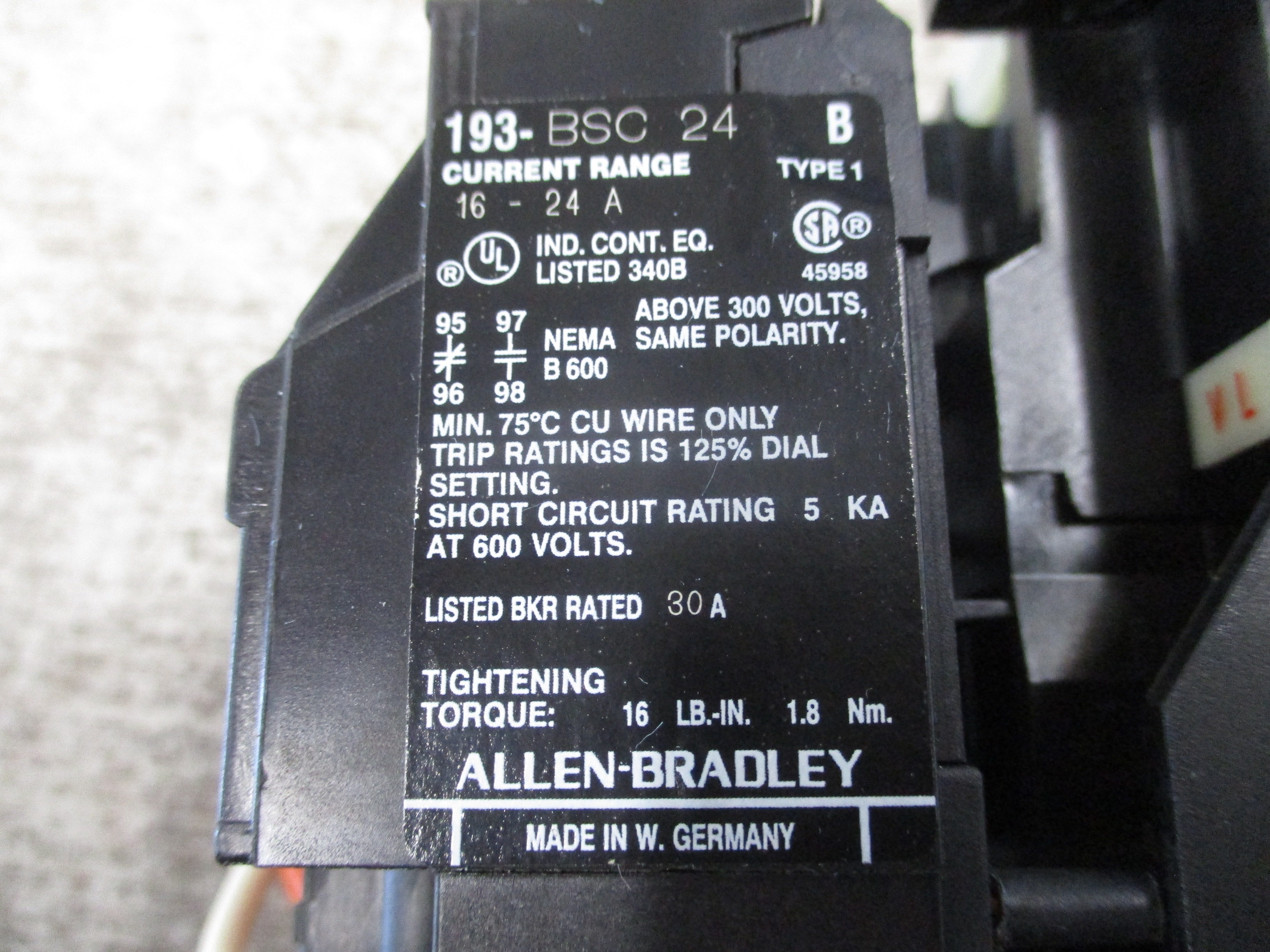 Allen-Bradley Starter 100-A24ND3 / 193-BSC 24 120V Coil Trip: 16-24A 600V Used