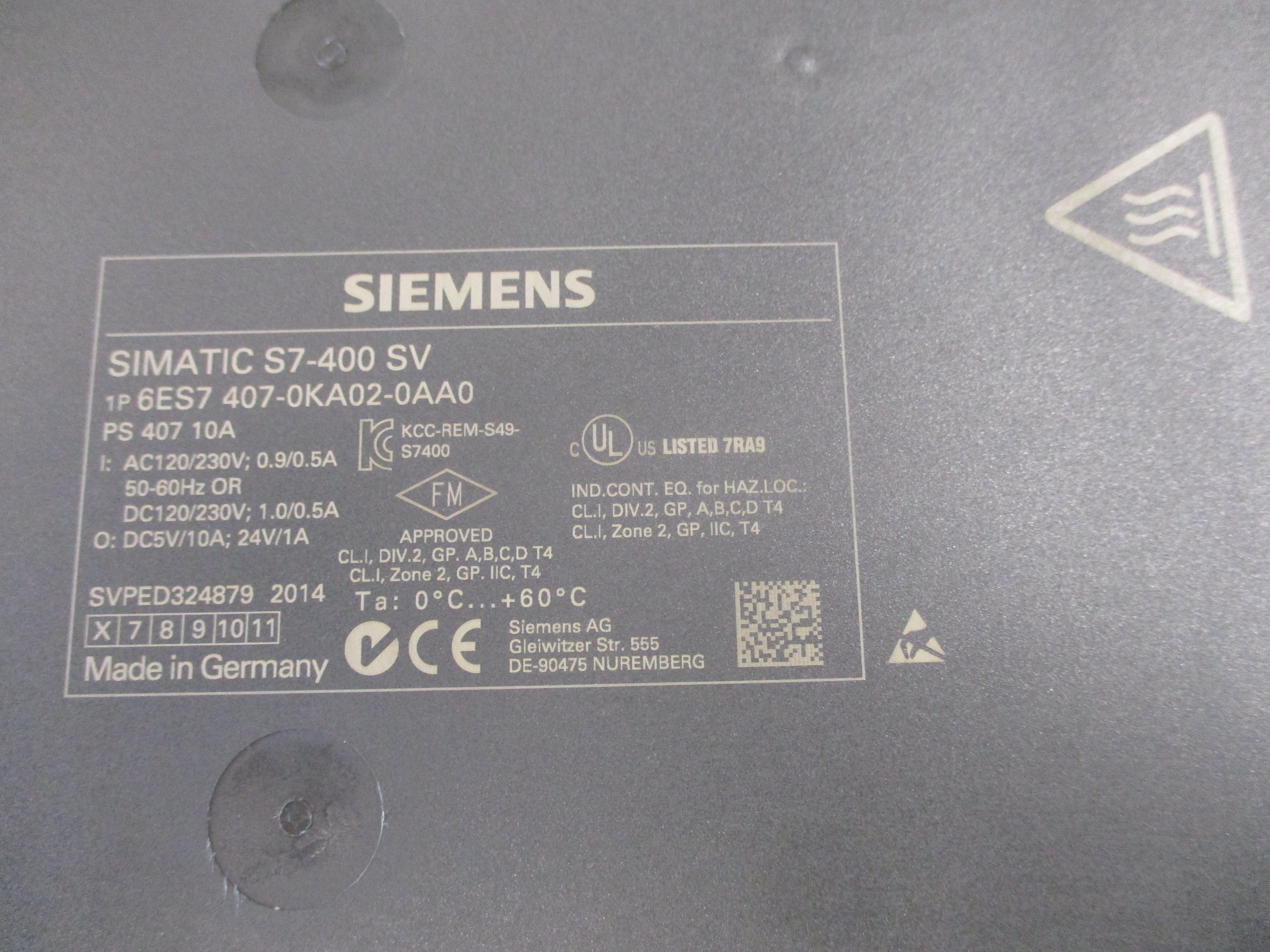 Siemens Simatic S7-400 SV Power Supply Module 6ES7 407-0KA02-0AA0 Input: AC 120/230V; 0.9/0.5A / 50-60Hz OR / DC 120/230V; 1.0/0.5A Output: DC5V/10A; 24V/1A  * W/Cover * Used