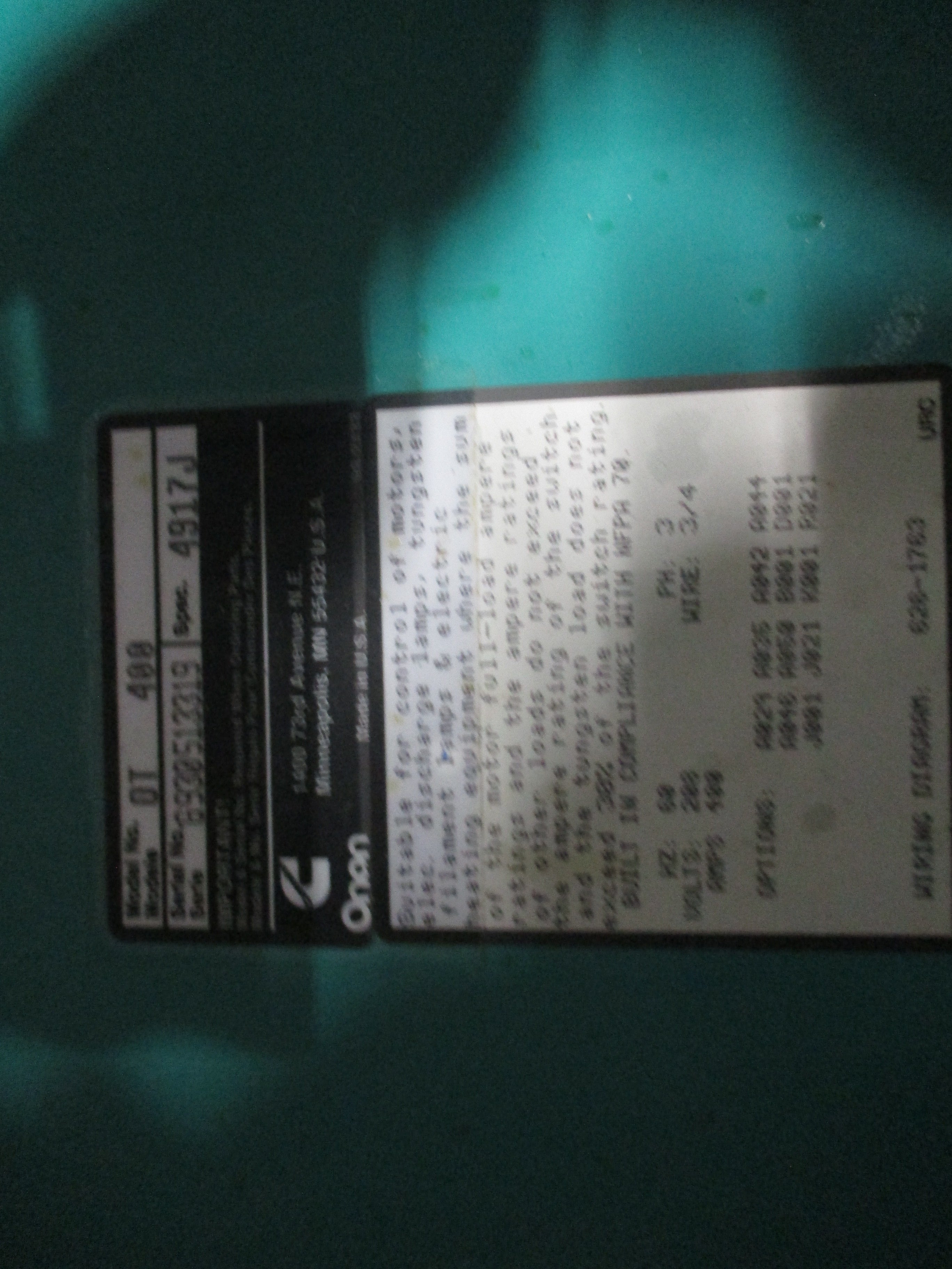 Onan Automatic Transfer Switch OT 400 208V 400A 60Hz 3Ph Used