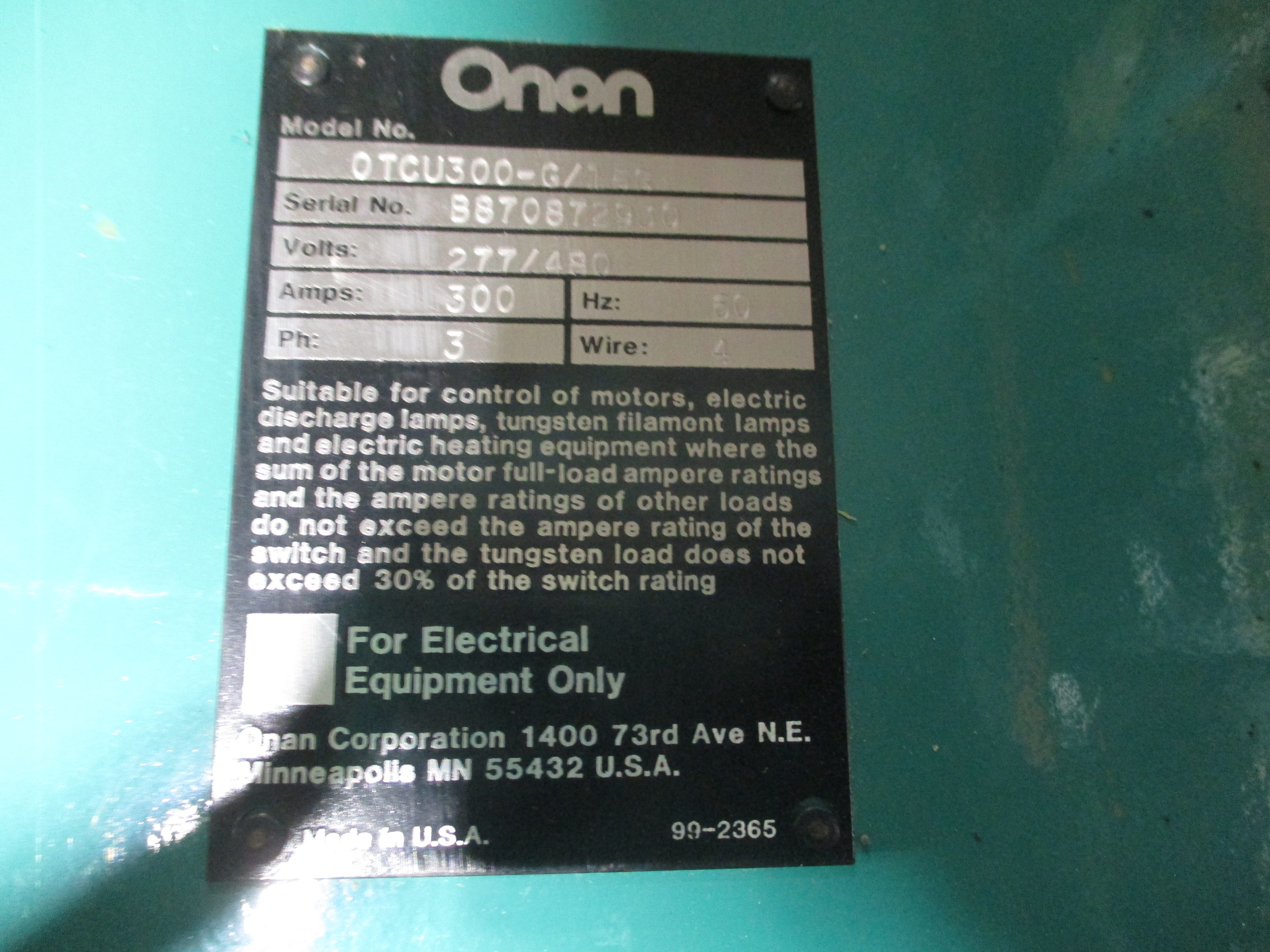 Onan Automatic Transfer Switch OTCU300-G/15G 300A 277/480V 60Hz 3Ph 4W Used