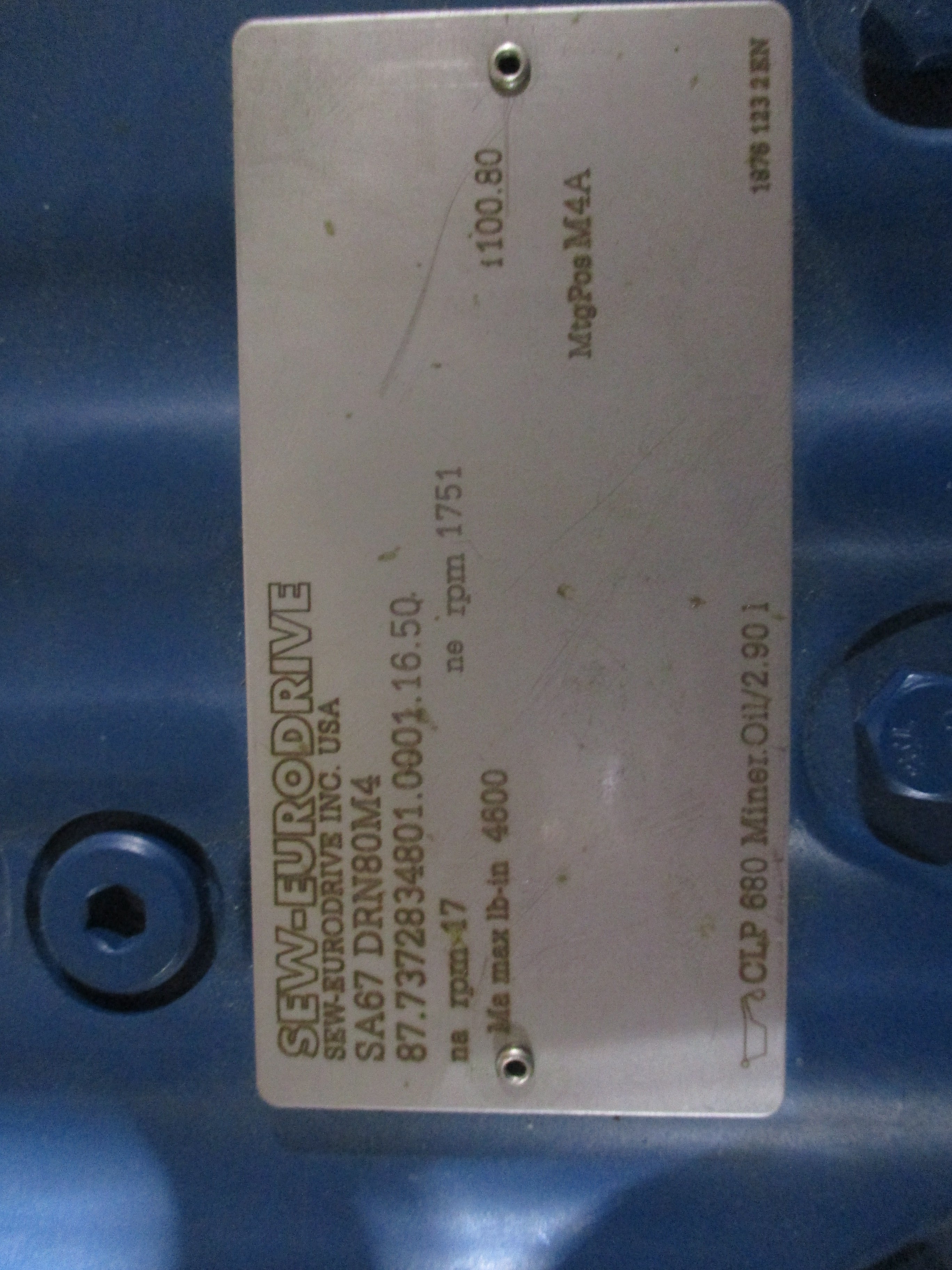 Sew-Eurodrive Gearmotor SA67 DRN80M4 1HP 17 RPM Output 230/460V 60Hz 3Ph *No Box